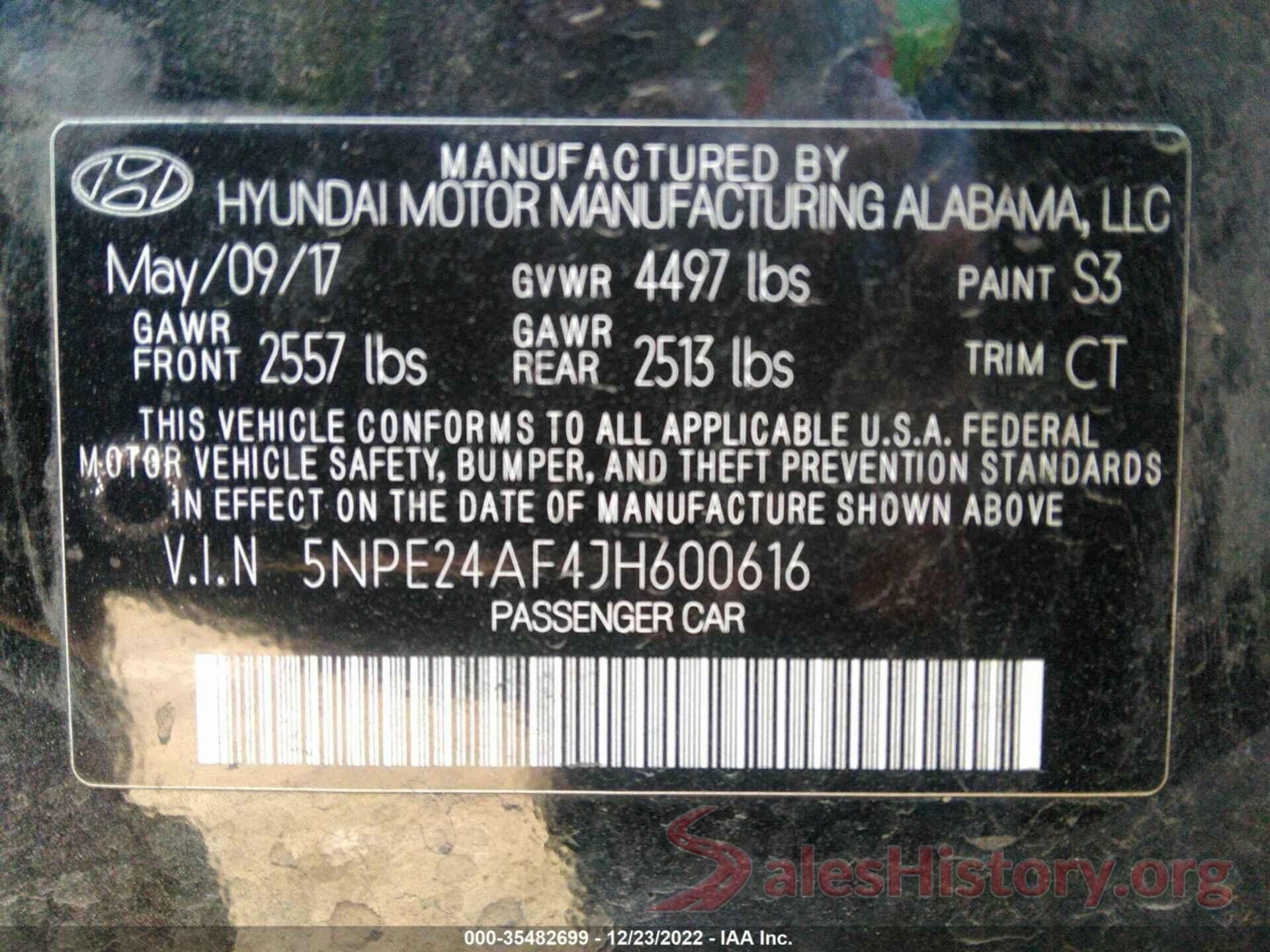 5NPE24AF4JH600616 2018 HYUNDAI SONATA