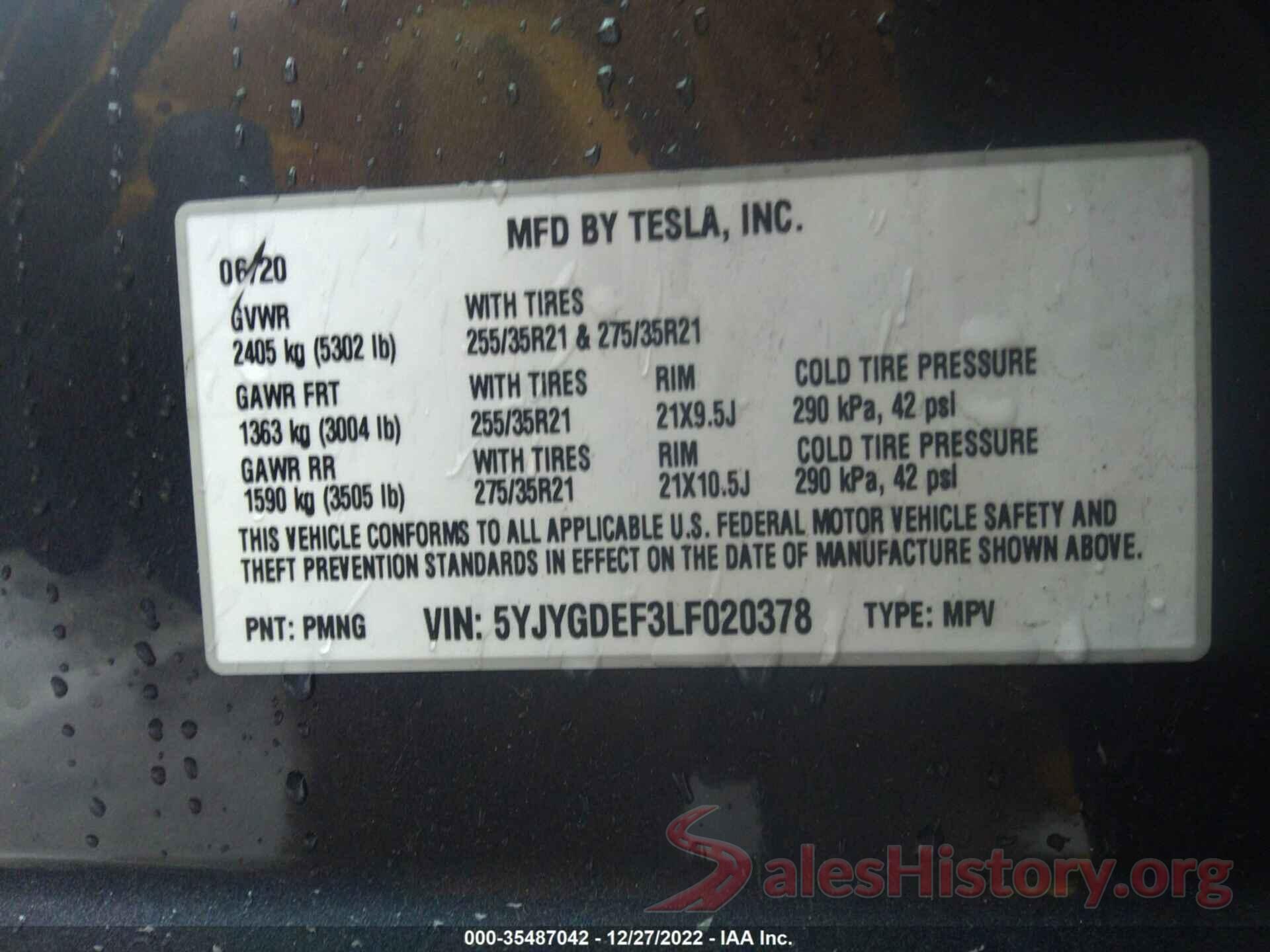 5YJYGDEF3LF020378 2020 TESLA MODEL Y