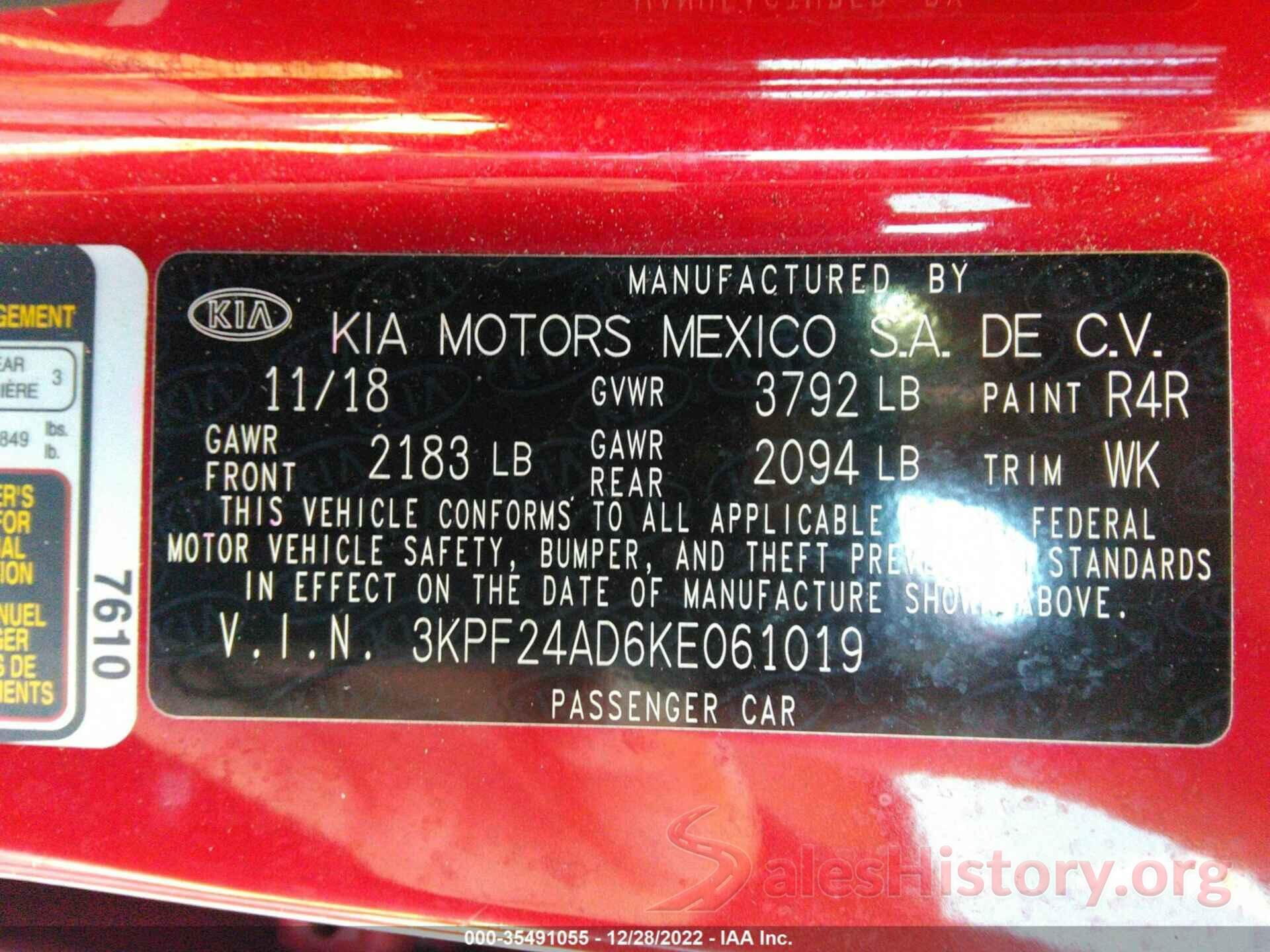 3KPF24AD6KE061019 2019 KIA FORTE