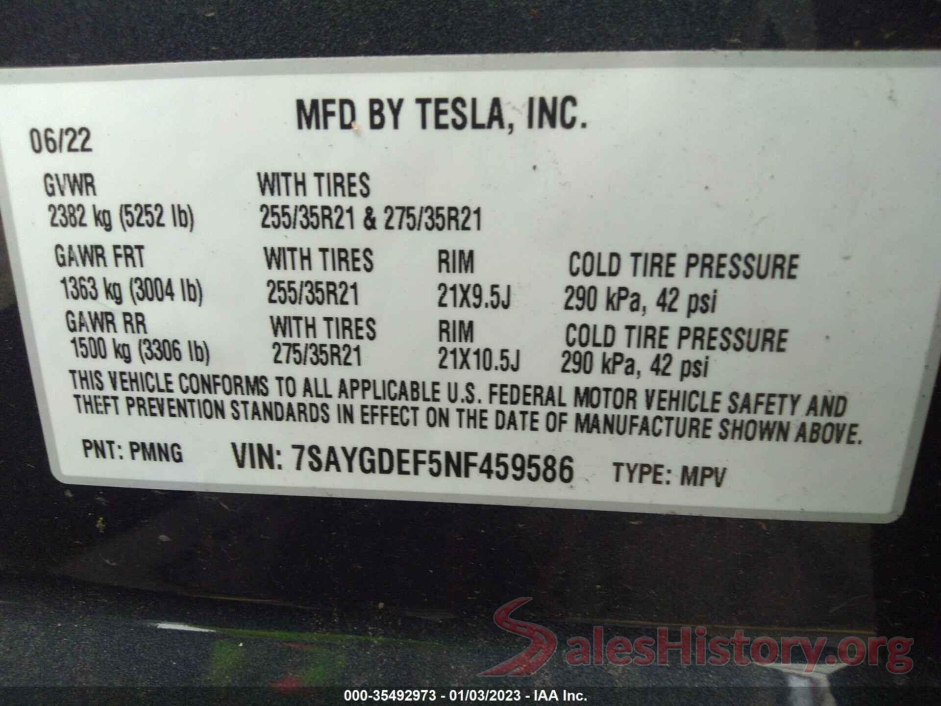 7SAYGDEF5NF459586 2022 TESLA MODEL Y