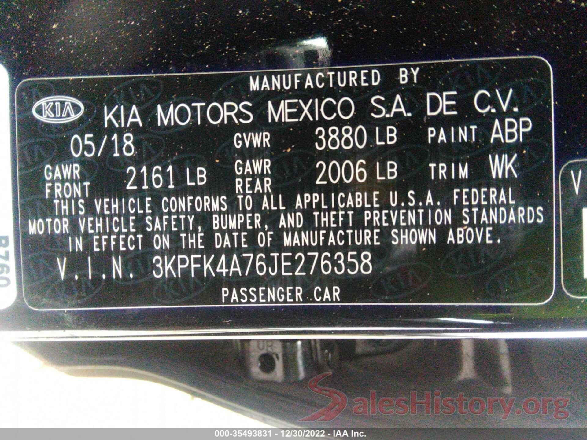 3KPFK4A76JE276358 2018 KIA FORTE