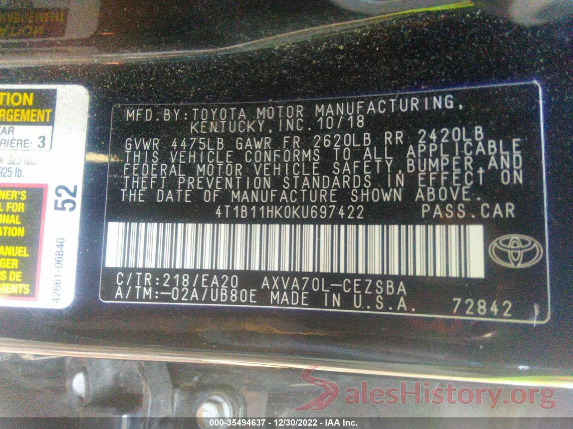 4T1B11HK0KU697422 2019 TOYOTA CAMRY