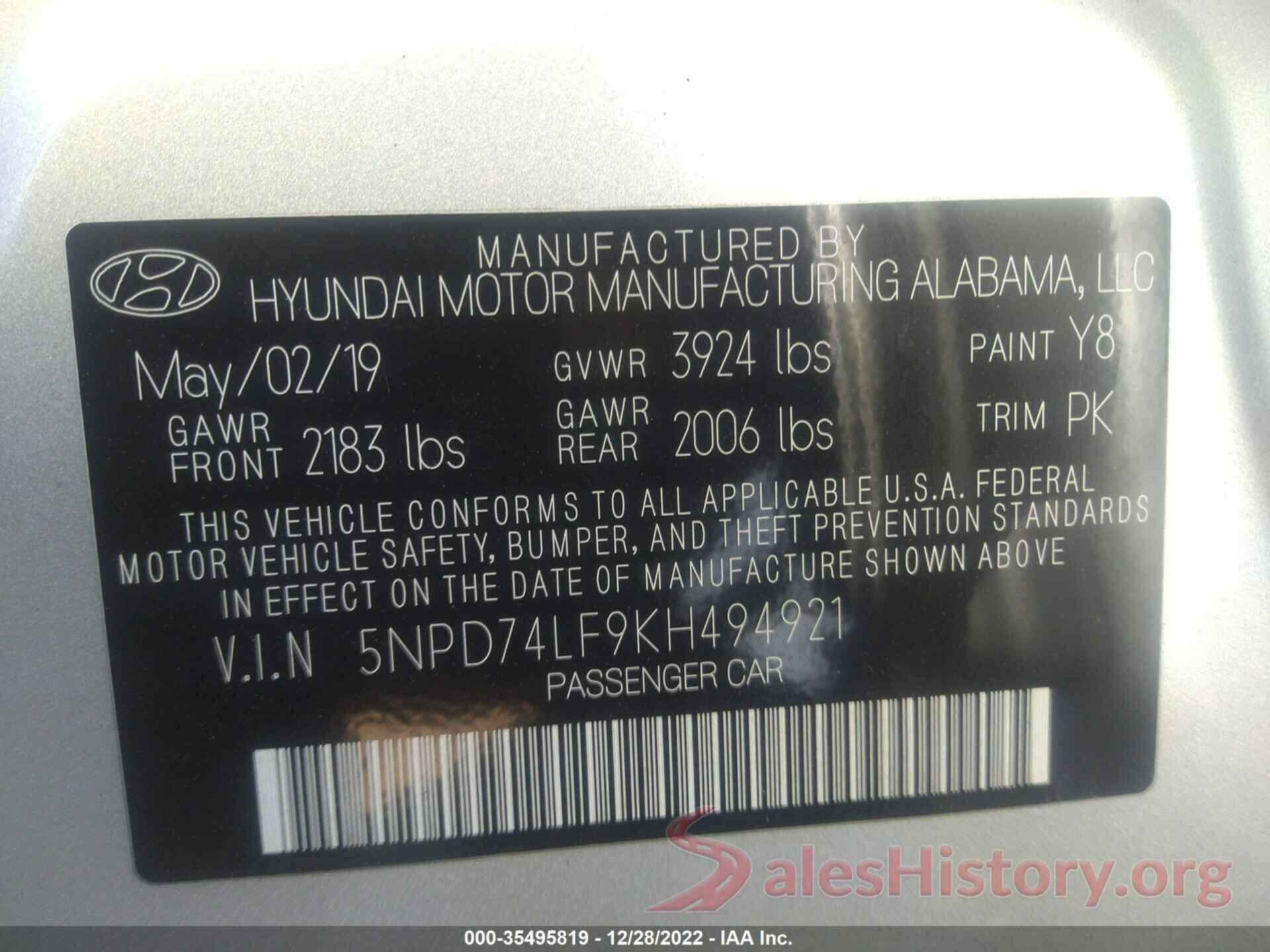 5NPD74LF9KH494921 2019 HYUNDAI ELANTRA