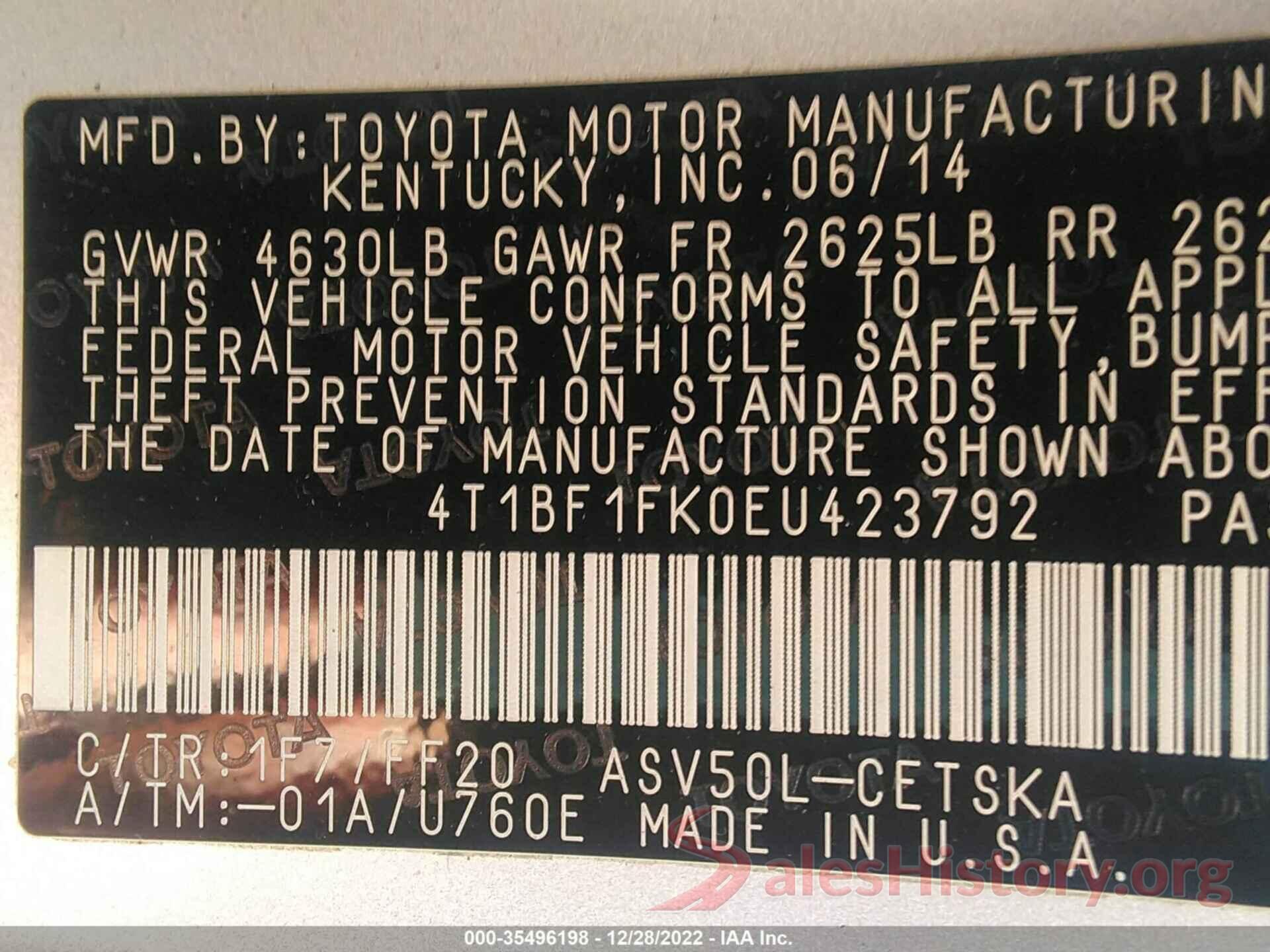 4T1BF1FK0EU423792 2014 TOYOTA CAMRY