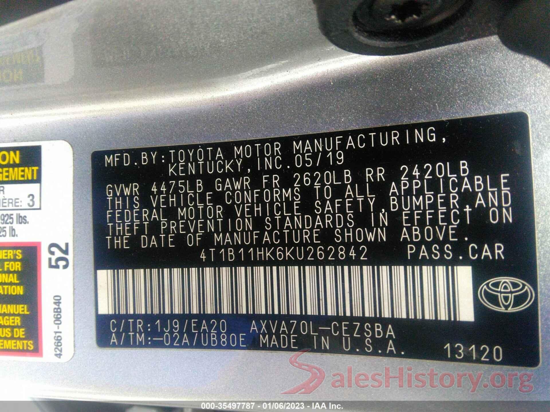 4T1B11HK6KU262842 2019 TOYOTA CAMRY