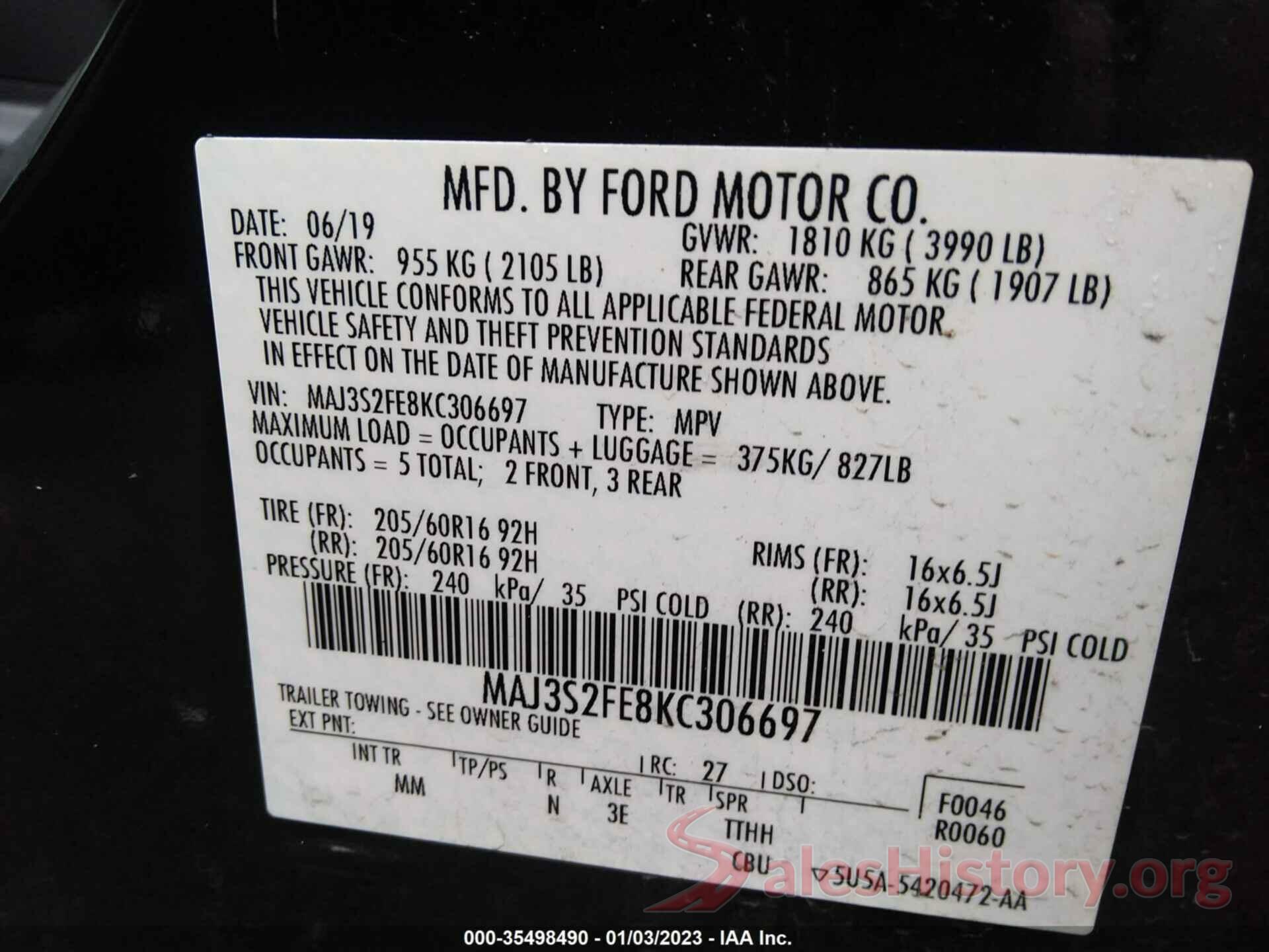 MAJ3S2FE8KC306697 2019 FORD ECOSPORT