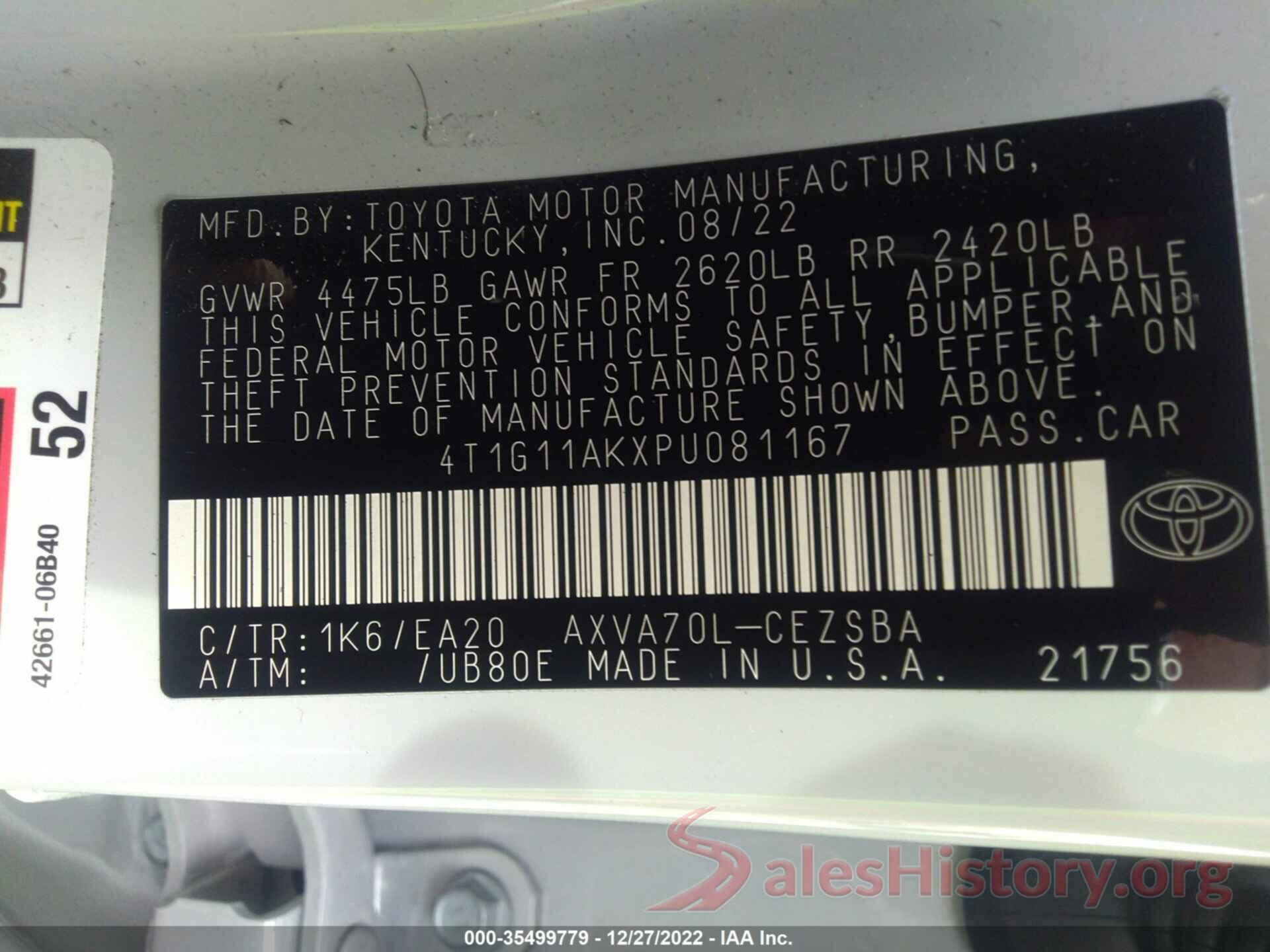 4T1G11AKXPU081167 2023 TOYOTA CAMRY