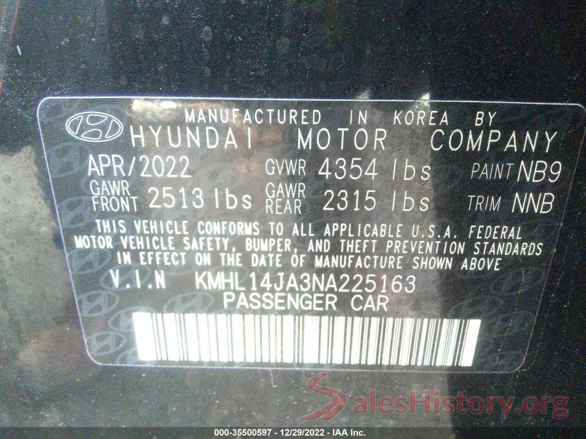 KMHL14JA3NA225163 2022 HYUNDAI SONATA