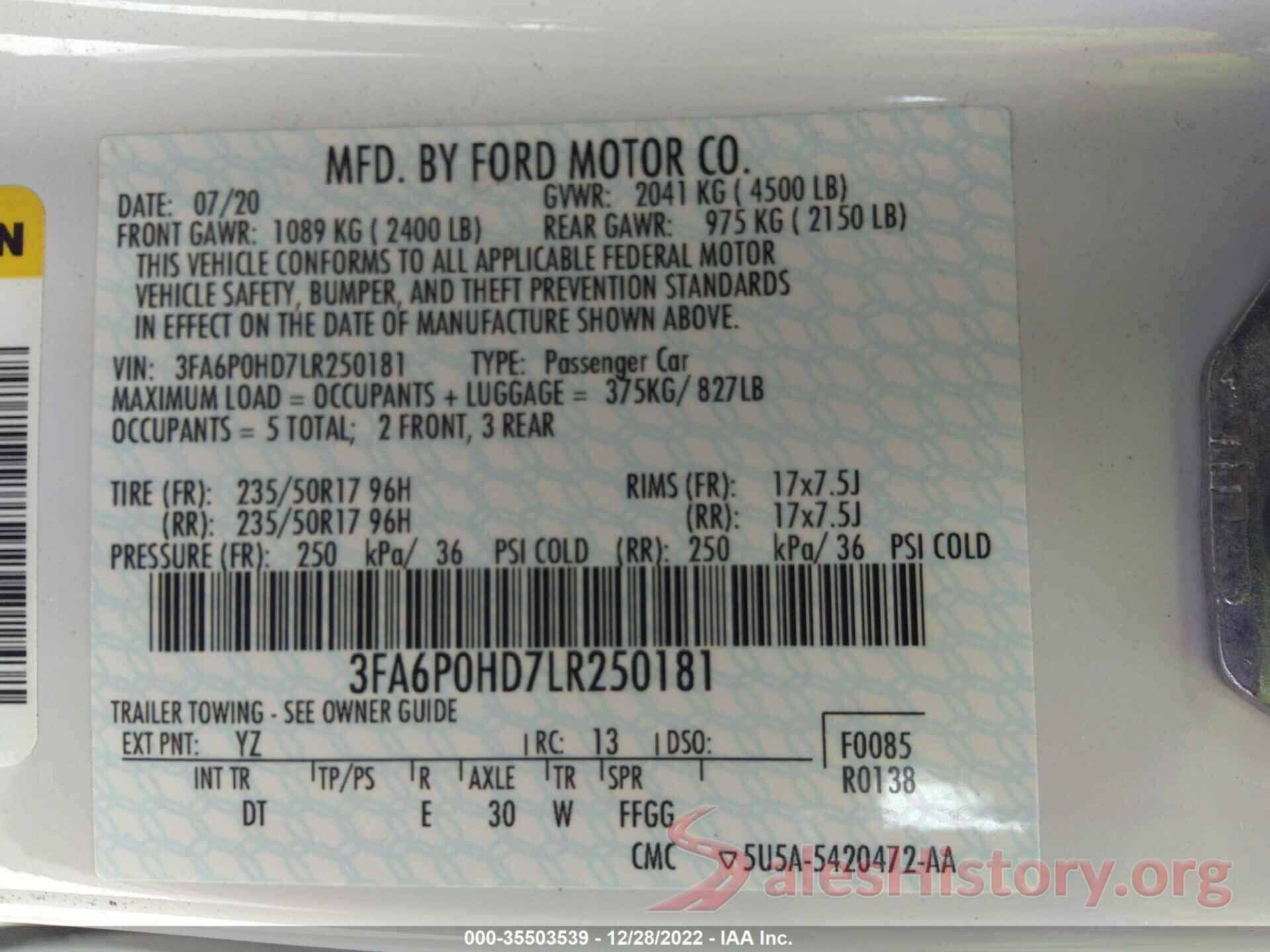 3FA6P0HD7LR250181 2020 FORD FUSION