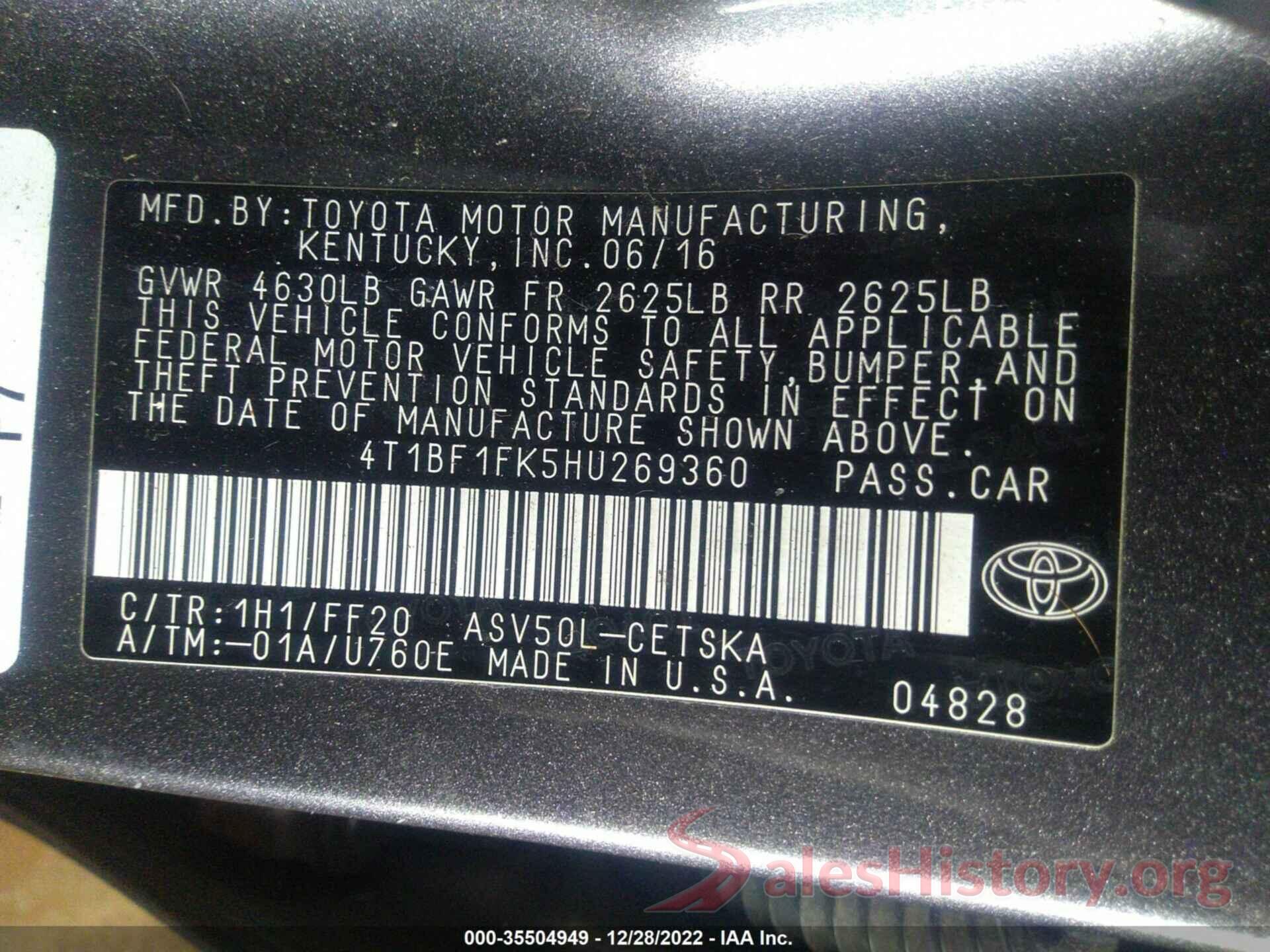 4T1BF1FK5HU269360 2017 TOYOTA CAMRY