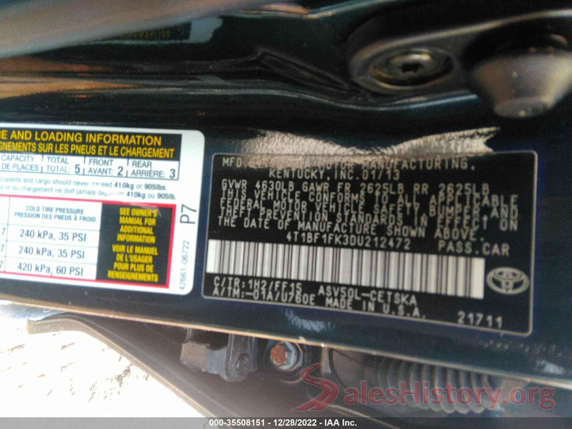 4T1BF1FK3DU212472 2013 TOYOTA CAMRY