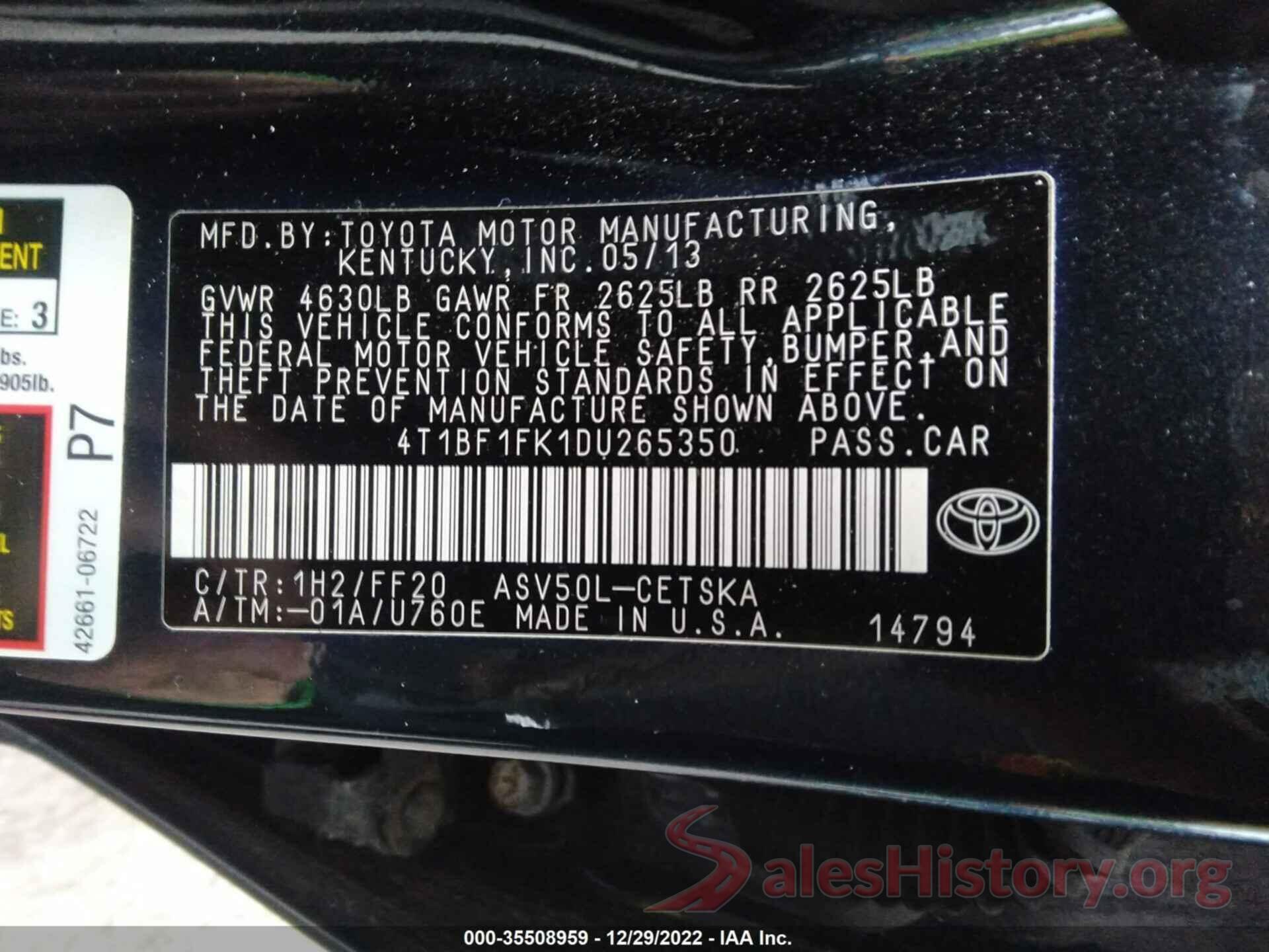 4T1BF1FK1DU265350 2013 TOYOTA CAMRY