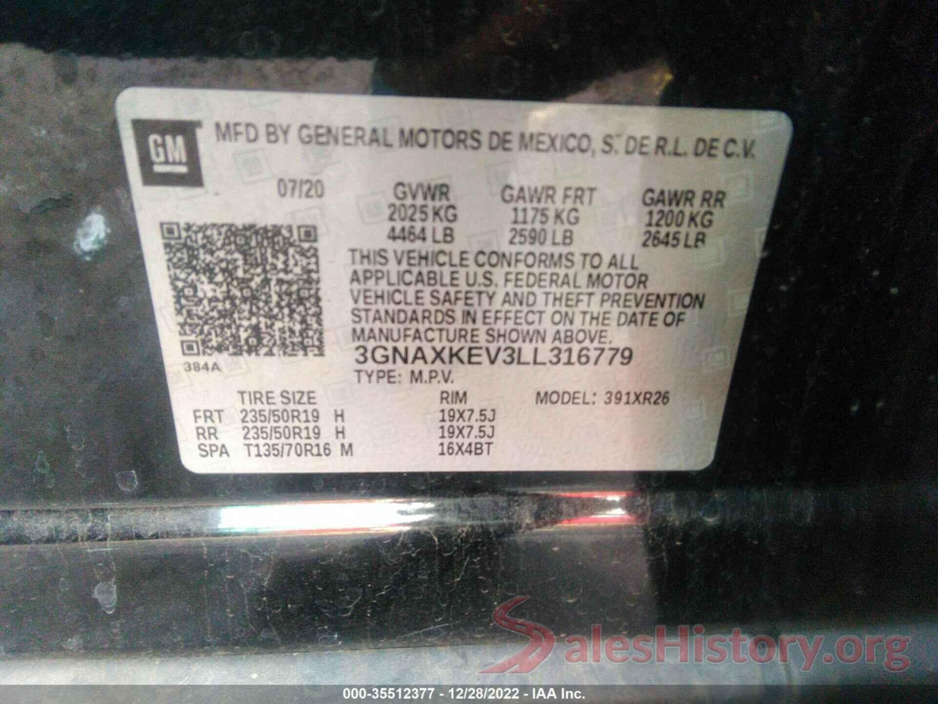 3GNAXKEV3LL316779 2020 CHEVROLET EQUINOX