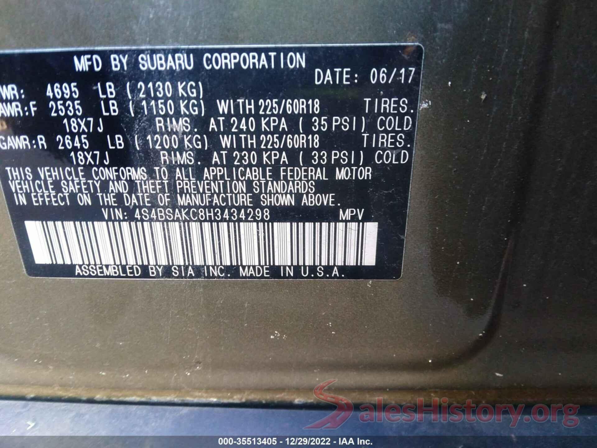 4S4BSAKC8H3434298 2017 SUBARU OUTBACK