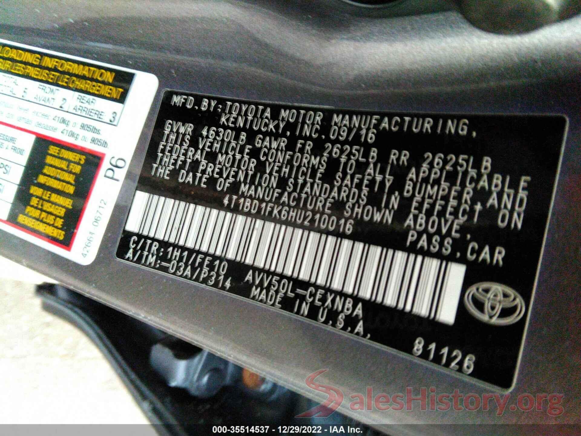 4T1BD1FK6HU210016 2017 TOYOTA CAMRY