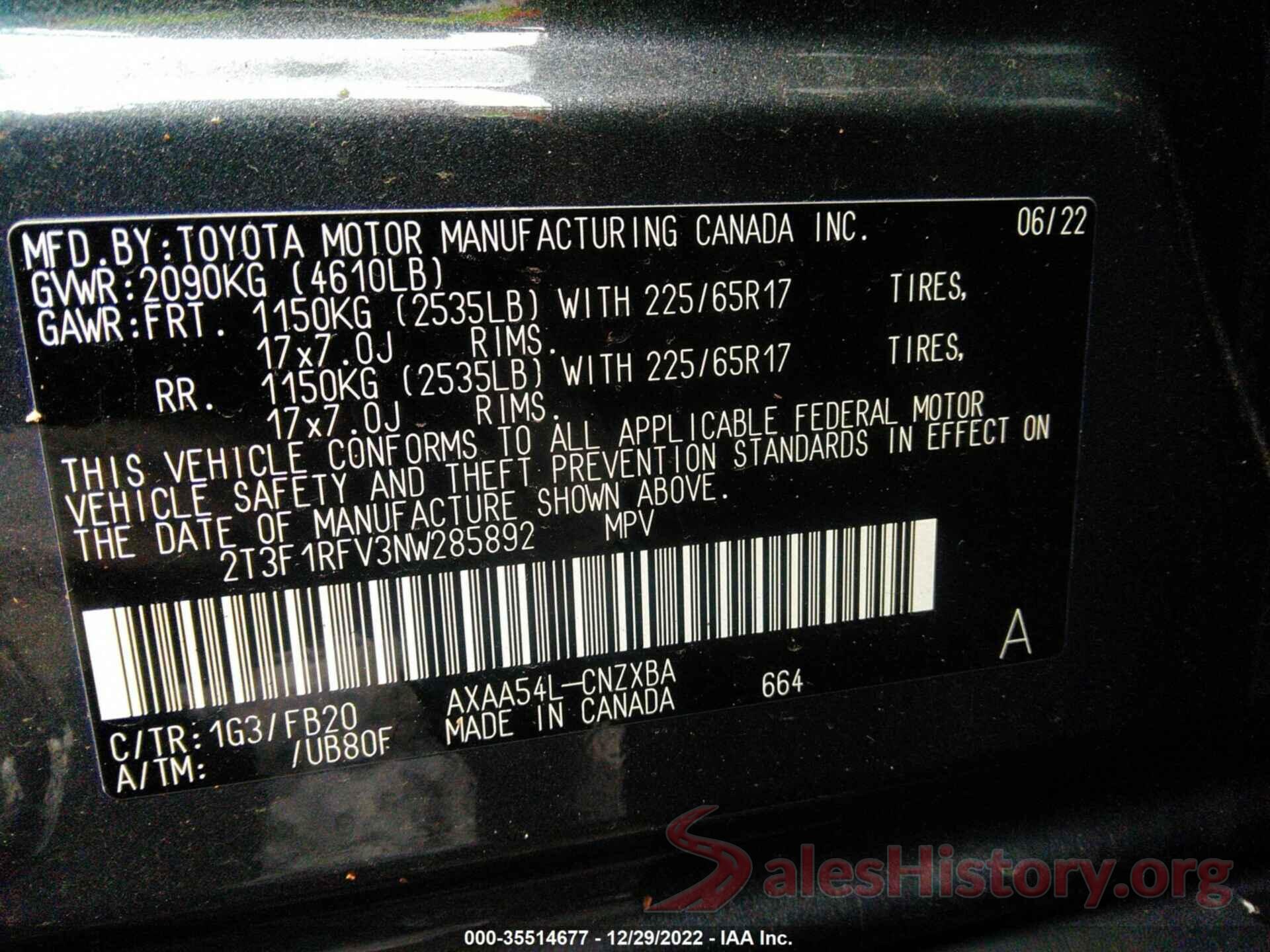 2T3F1RFV3NW285892 2022 TOYOTA RAV4