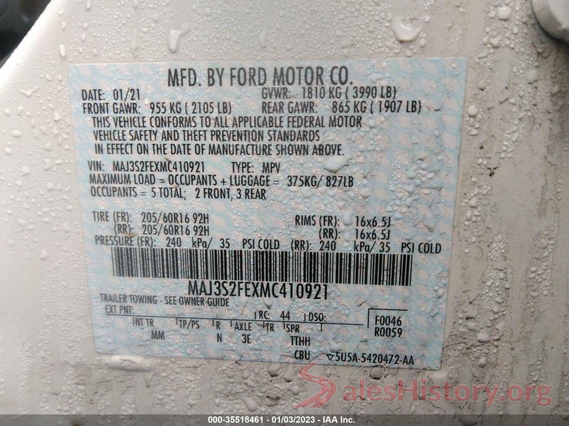 MAJ3S2FEXMC410921 2021 FORD ECOSPORT