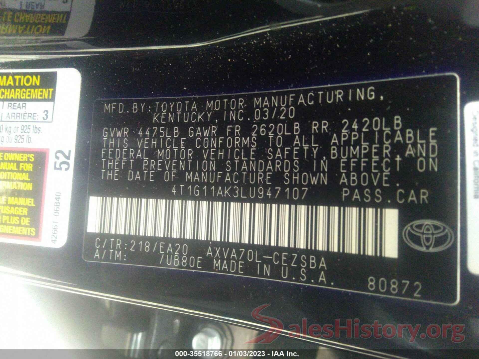 4T1G11AK3LU947107 2020 TOYOTA CAMRY