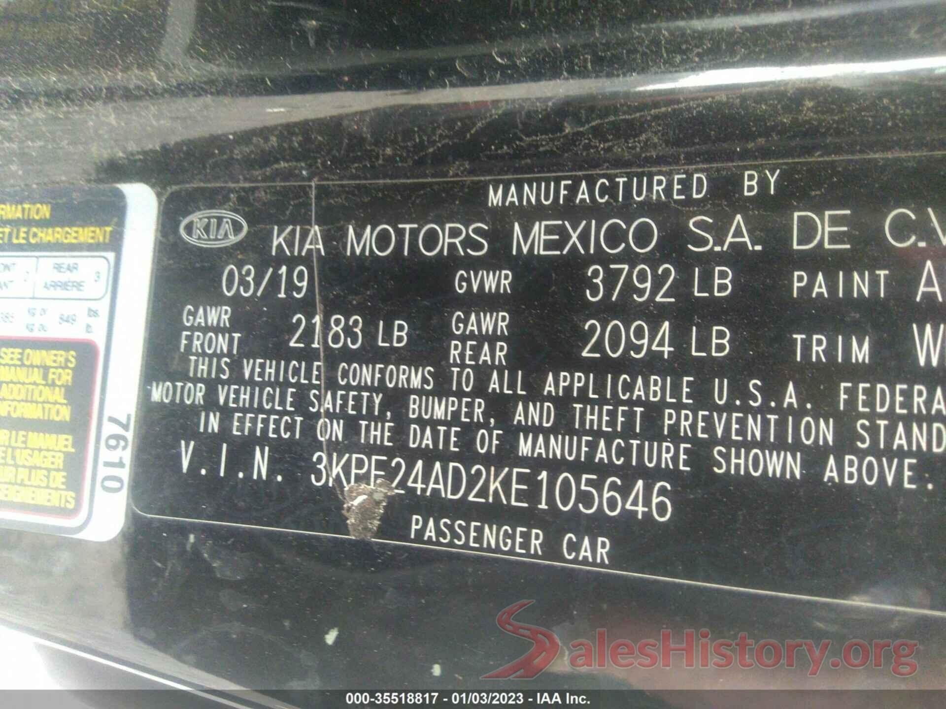 3KPF24AD2KE105646 2019 KIA FORTE