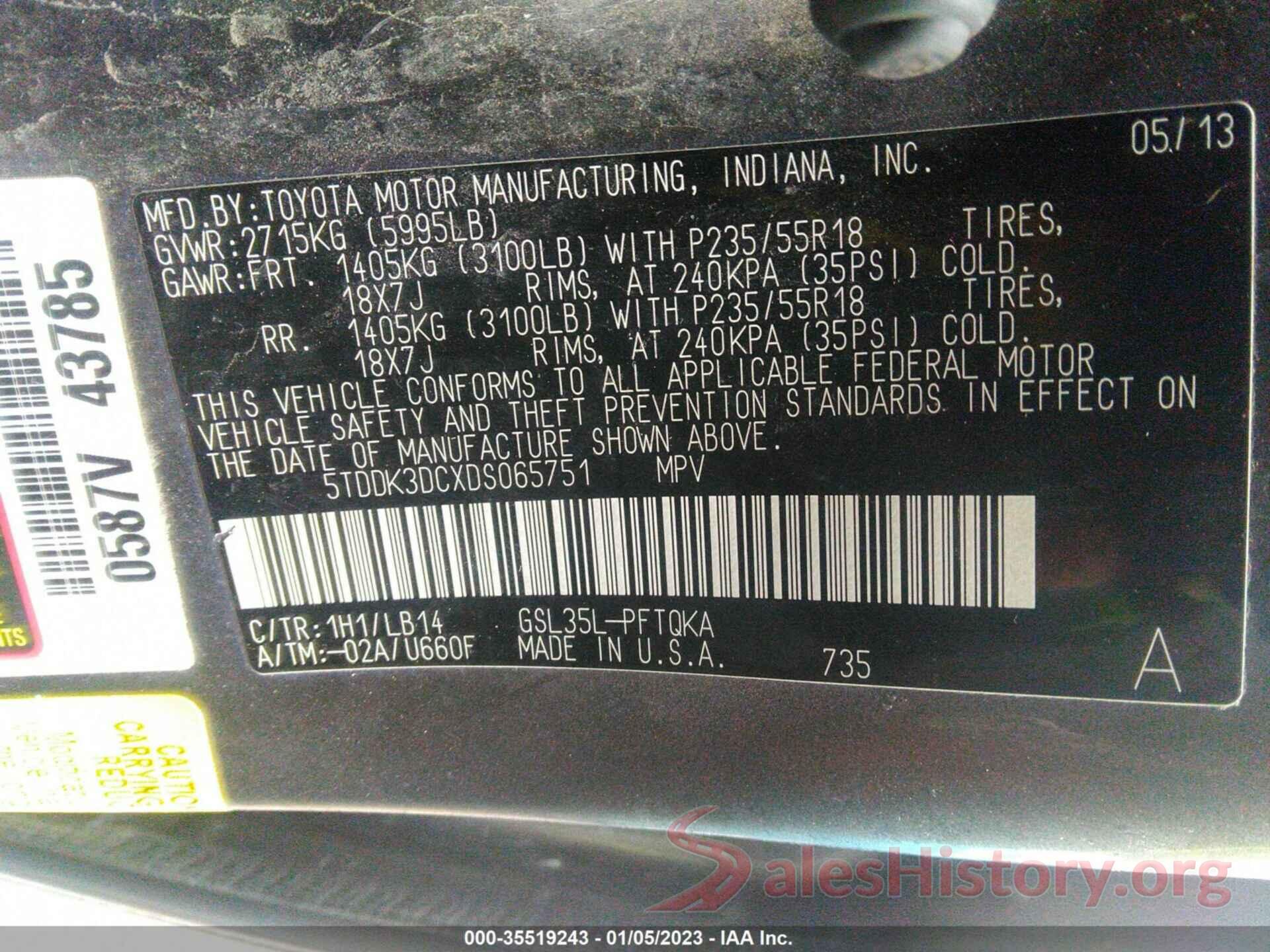 5TDDK3DCXDS065751 2013 TOYOTA SIENNA