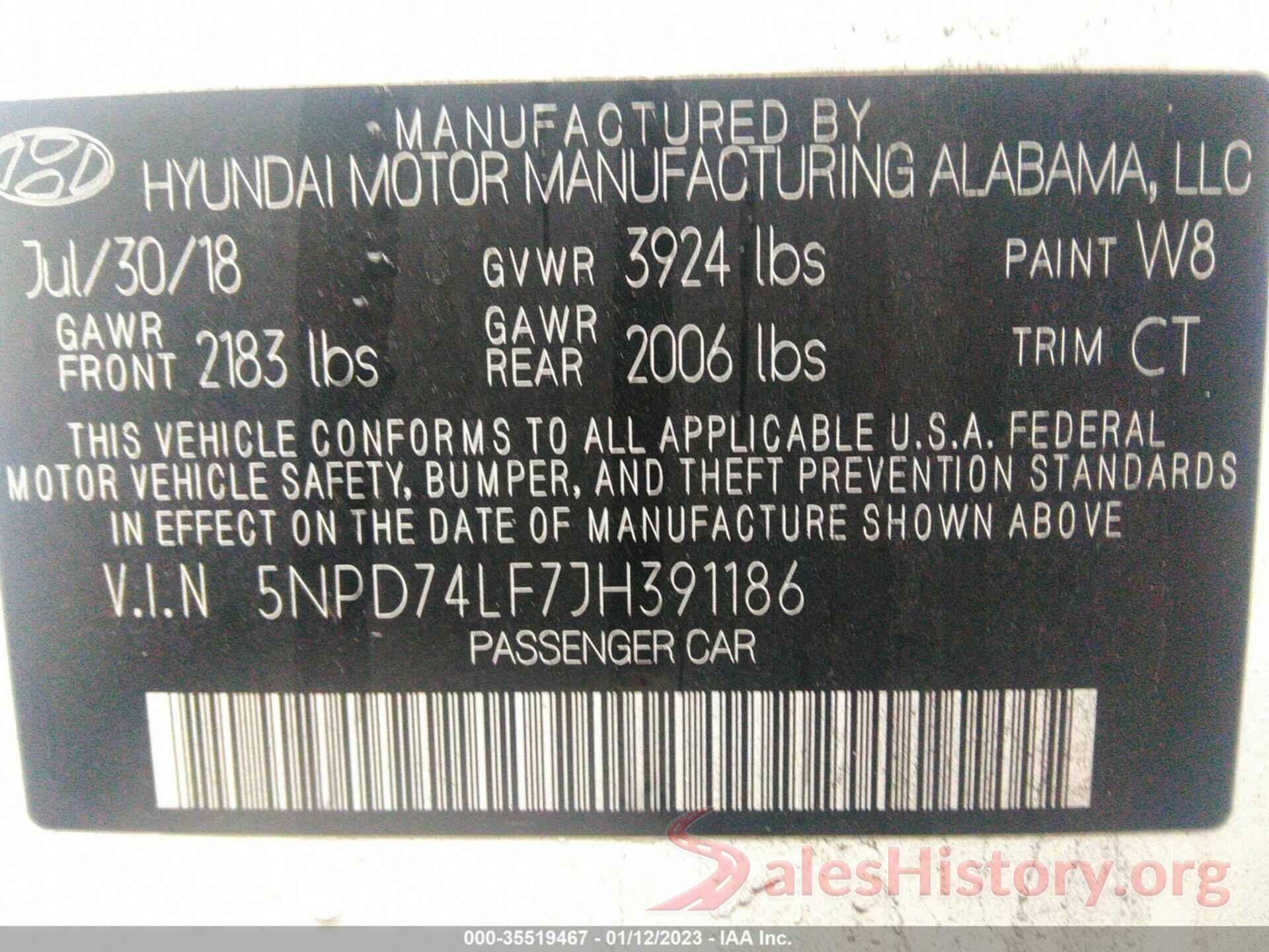 5NPD74LF7JH391186 2018 HYUNDAI ELANTRA