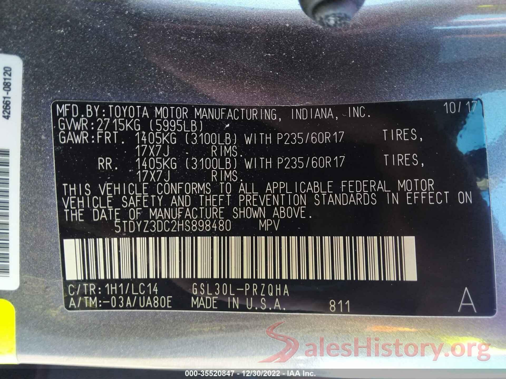 5TDYZ3DC2HS898480 2017 TOYOTA SIENNA