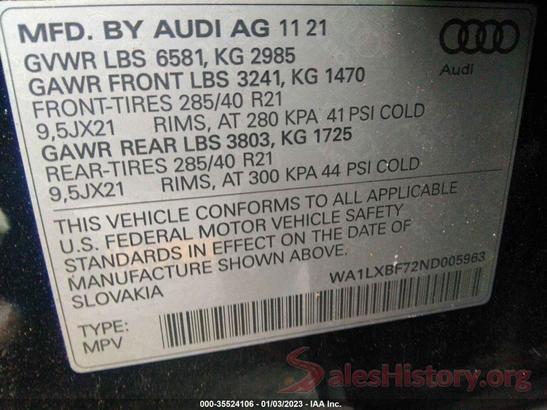 WA1LXBF72ND005963 2022 AUDI Q7