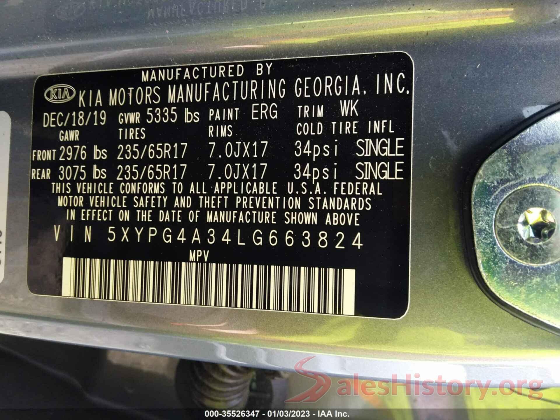 5XYPG4A34LG663824 2020 KIA SORENTO