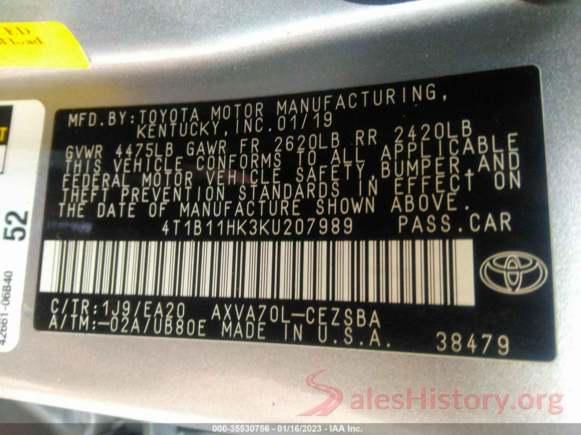 4T1B11HK3KU207989 2019 TOYOTA CAMRY