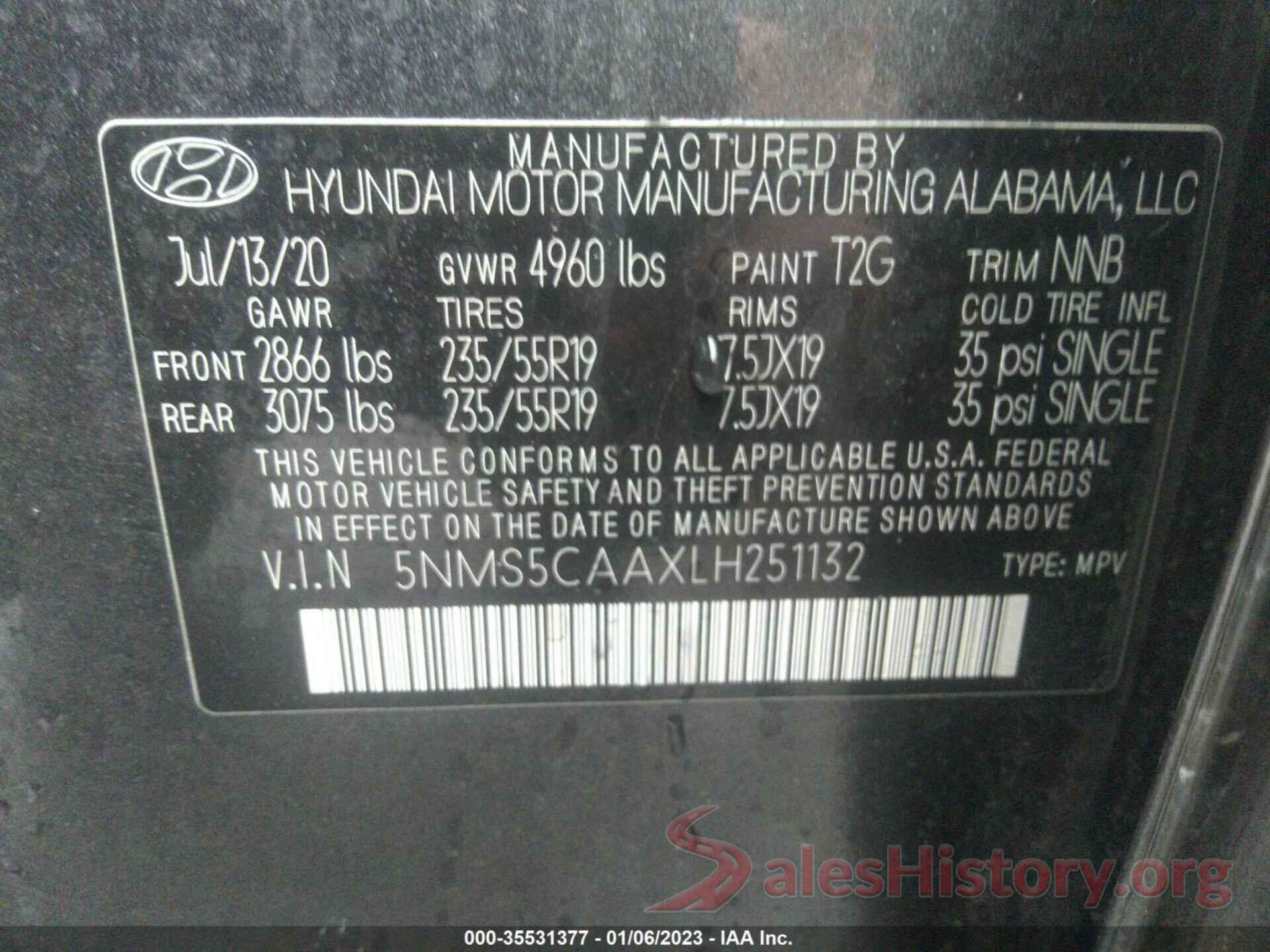 5NMS5CAAXLH251132 2020 HYUNDAI SANTA FE