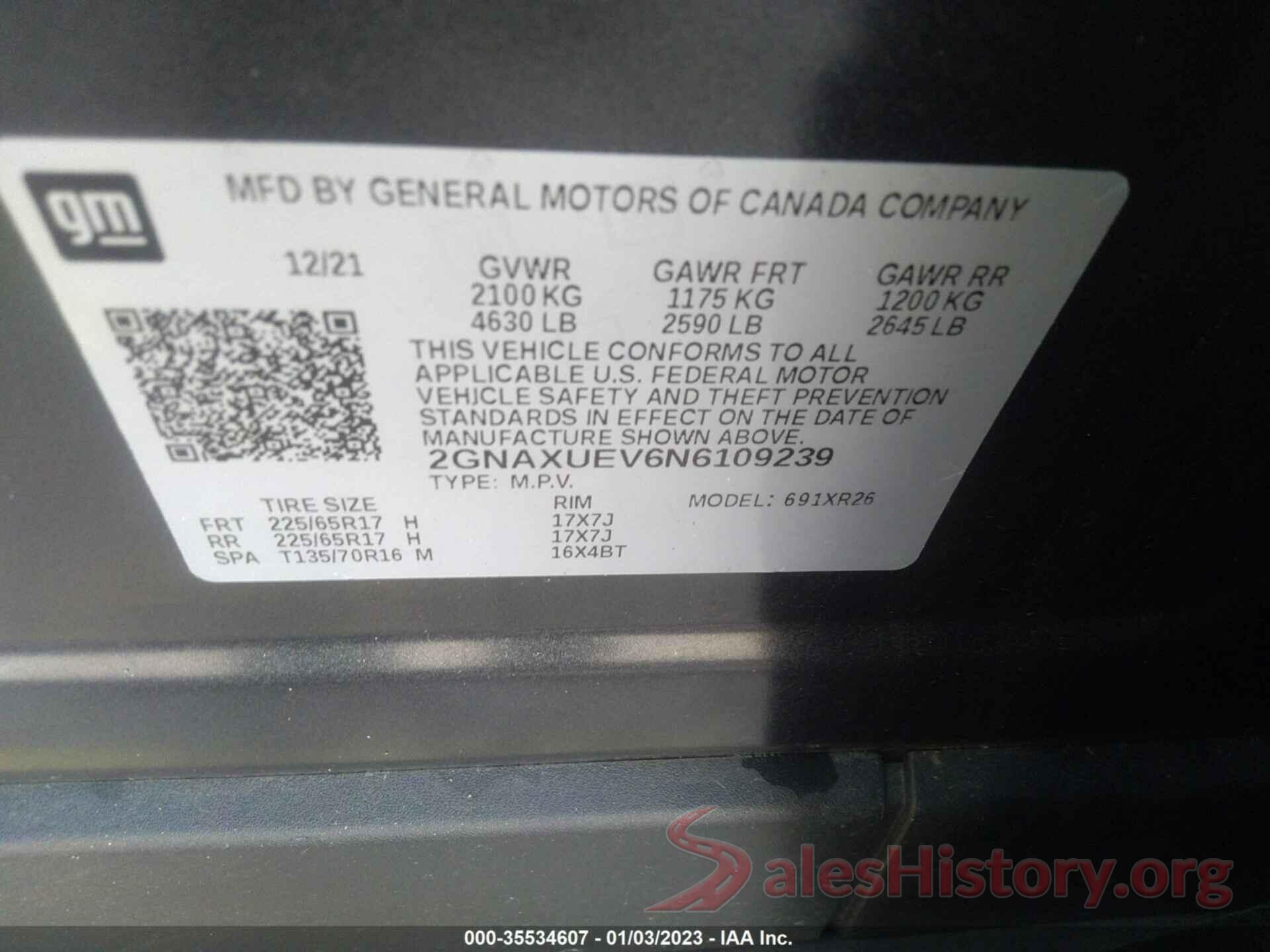 2GNAXUEV6N6109239 2022 CHEVROLET EQUINOX