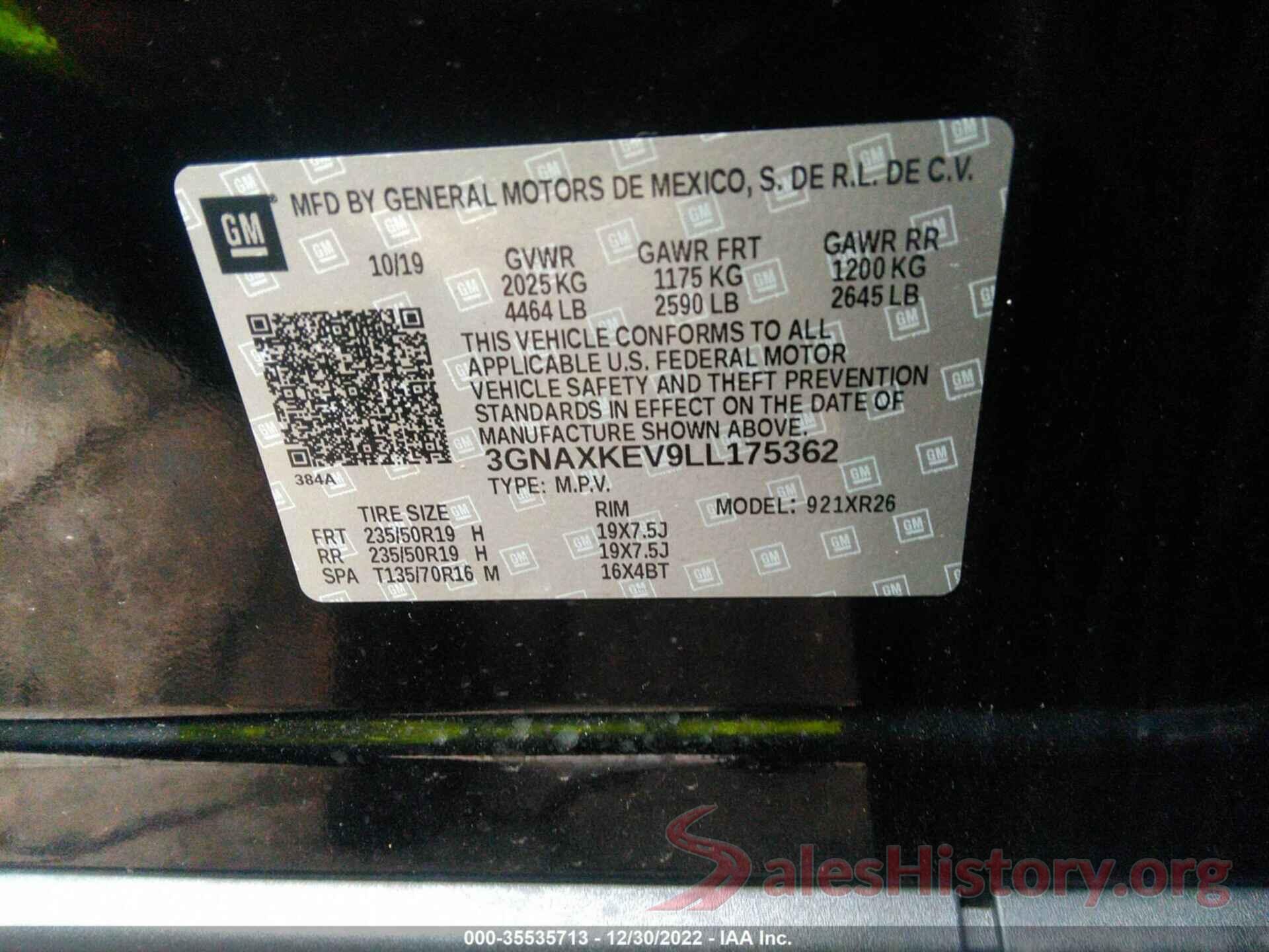 3GNAXKEV9LL175362 2020 CHEVROLET EQUINOX