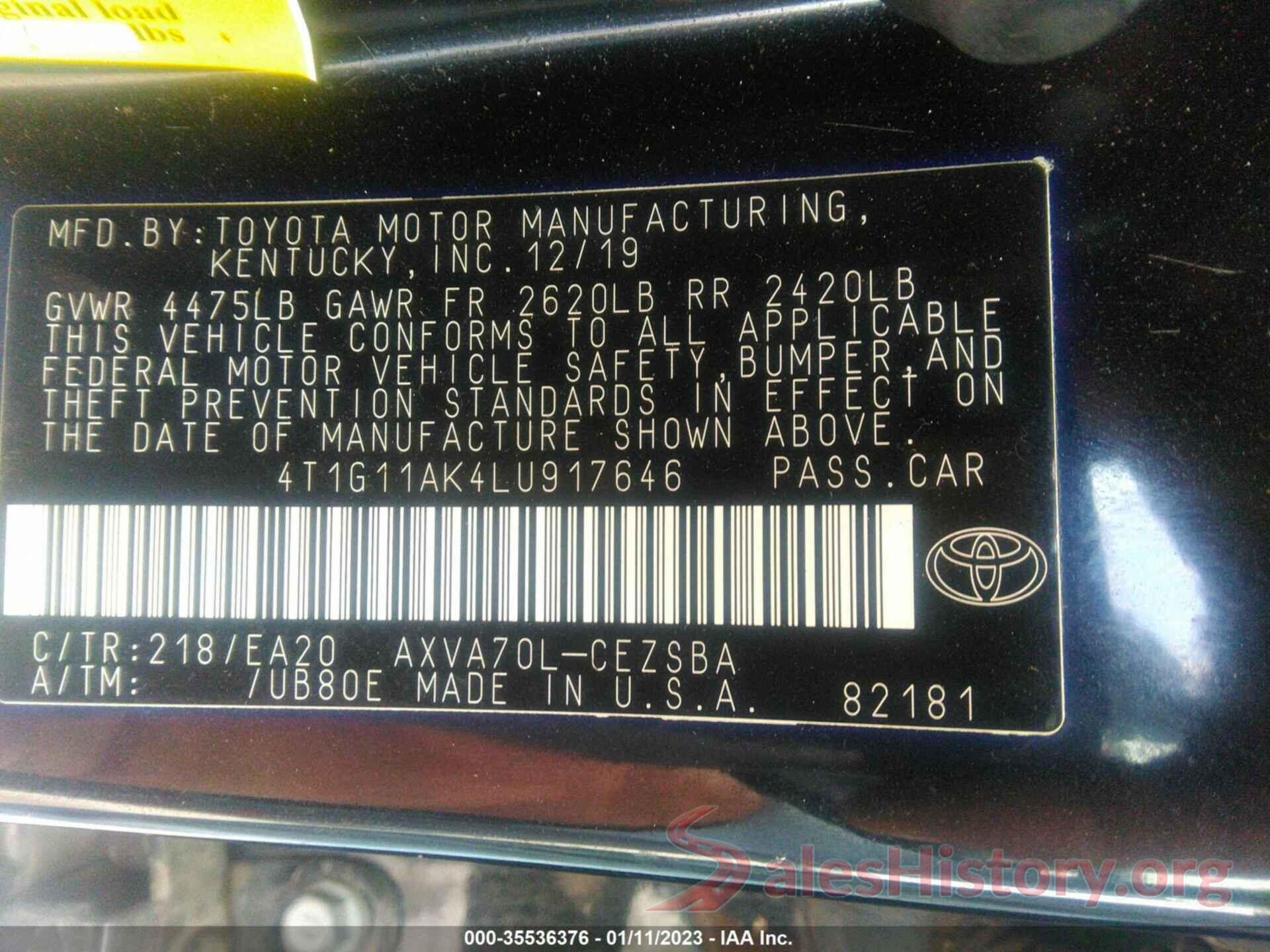 4T1G11AK4LU917646 2020 TOYOTA CAMRY