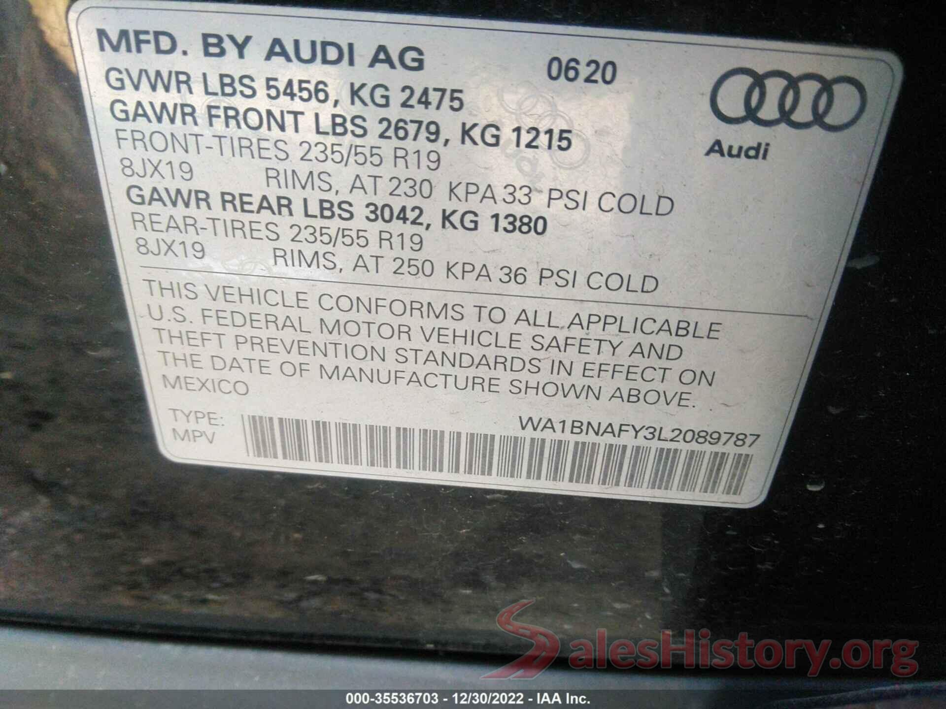 WA1BNAFY3L2089787 2020 AUDI Q5