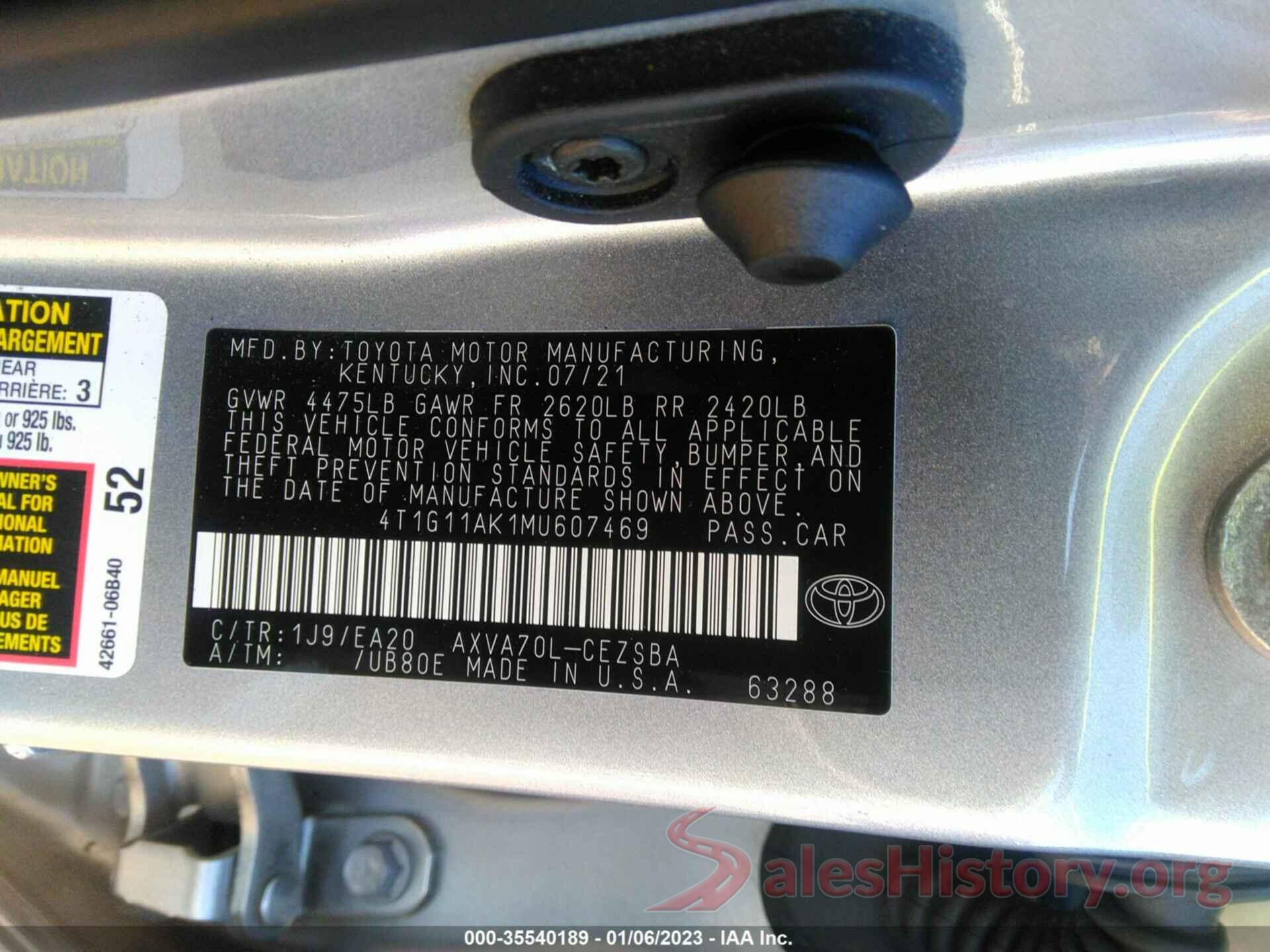 4T1G11AK1MU607469 2021 TOYOTA CAMRY