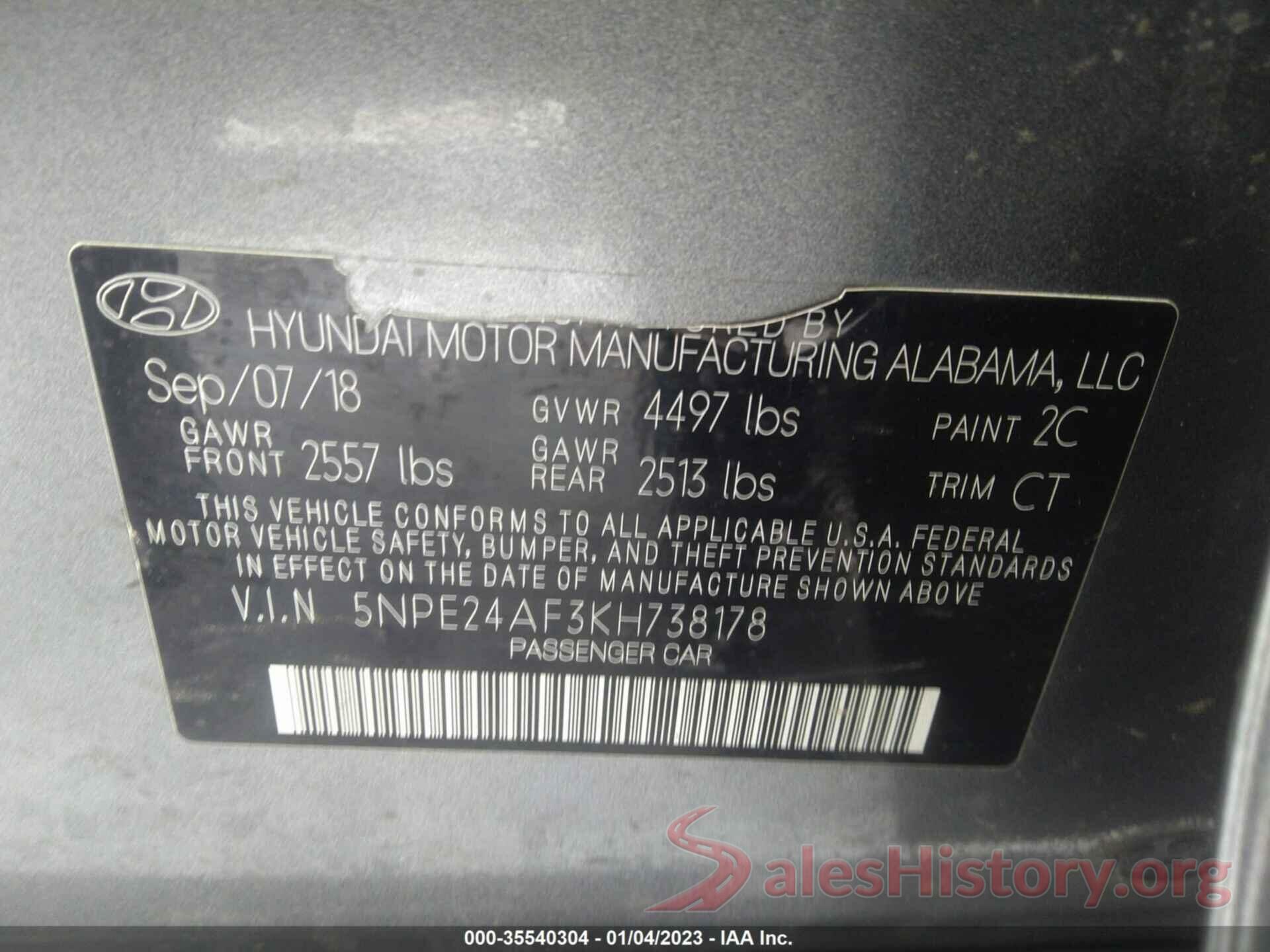 5NPE24AF3KH738178 2019 HYUNDAI SONATA