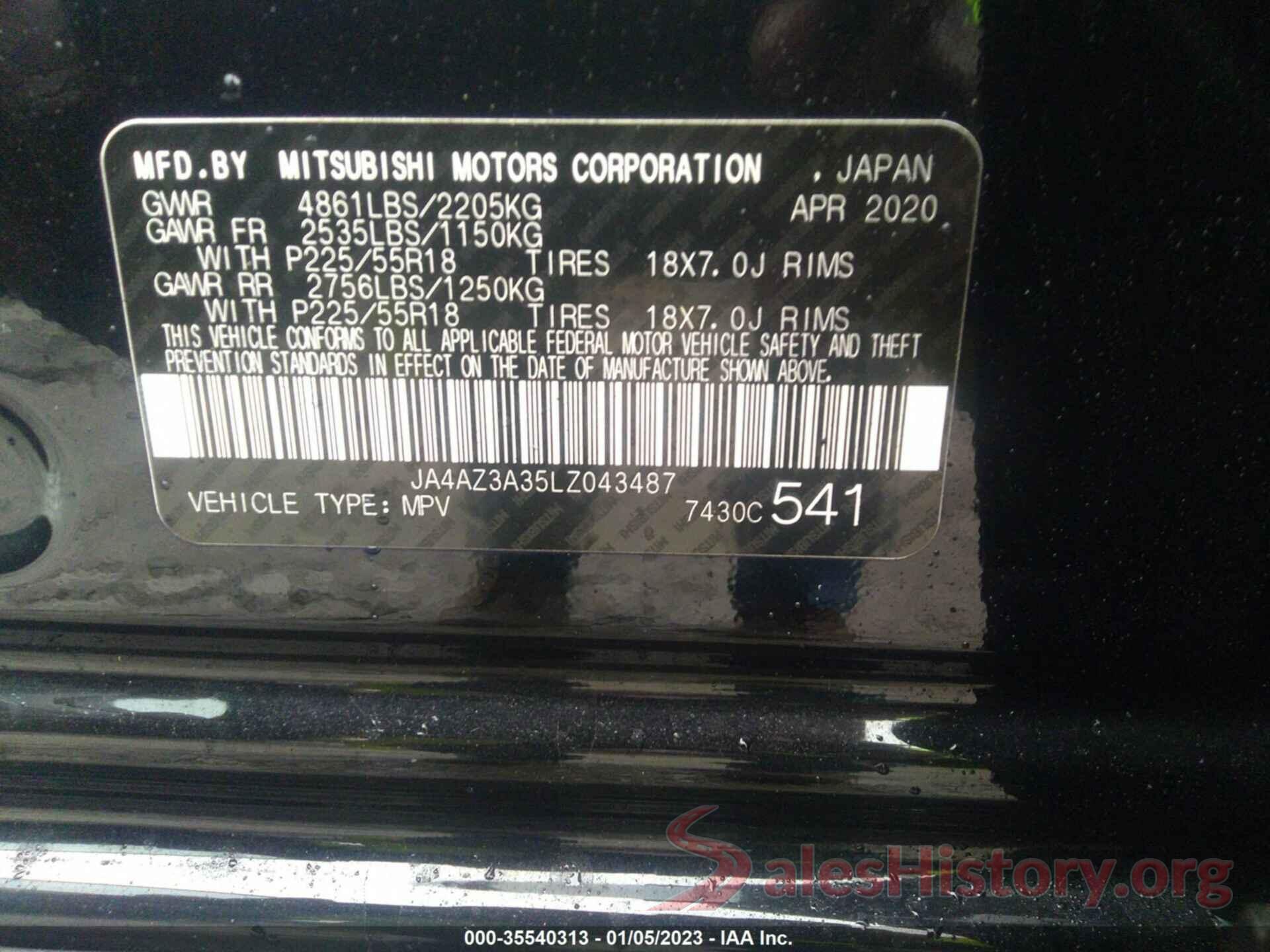 JA4AZ3A35LZ043487 2020 MITSUBISHI OUTLANDER