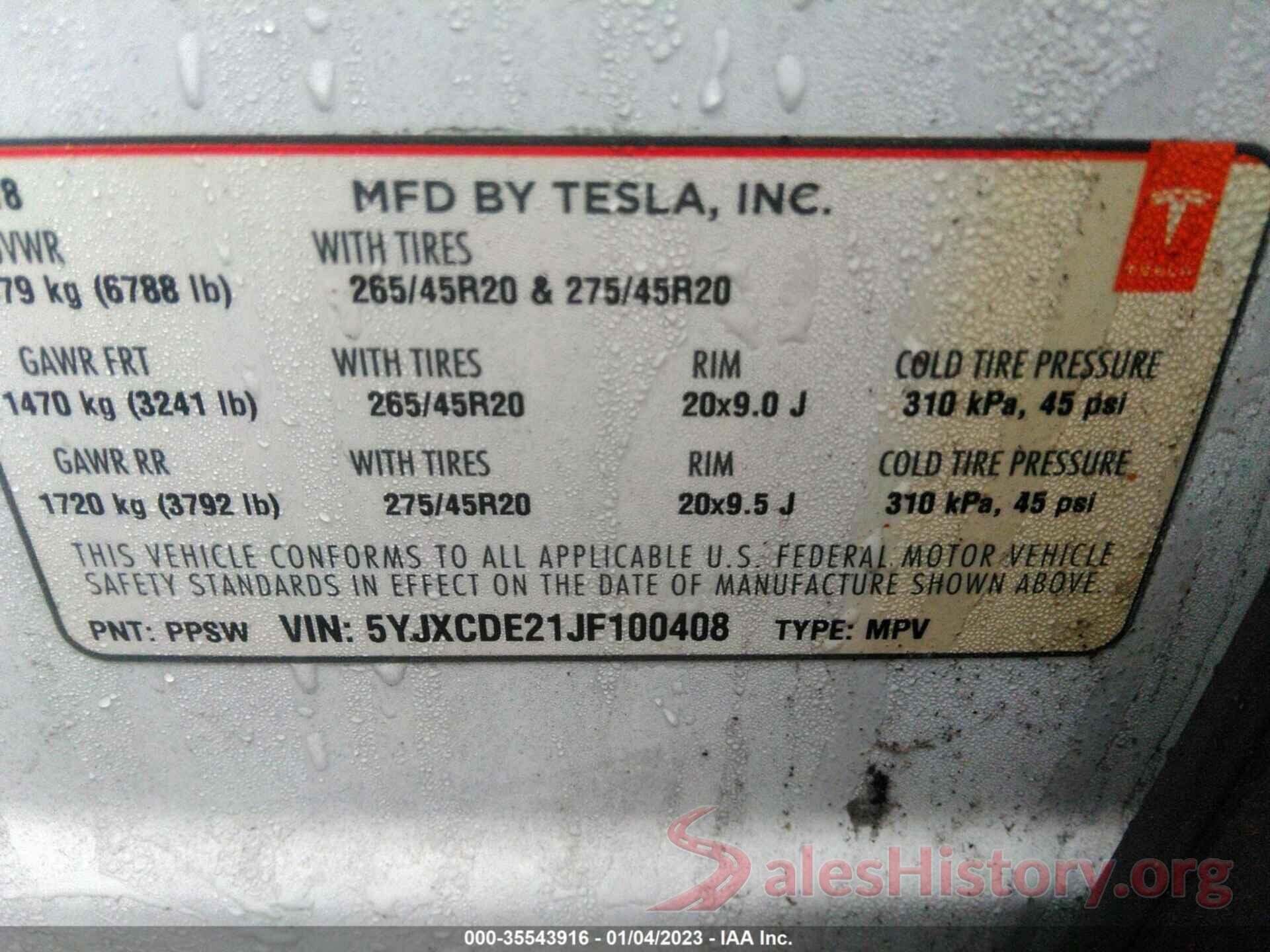 5YJXCDE21JF100408 2018 TESLA MODEL X