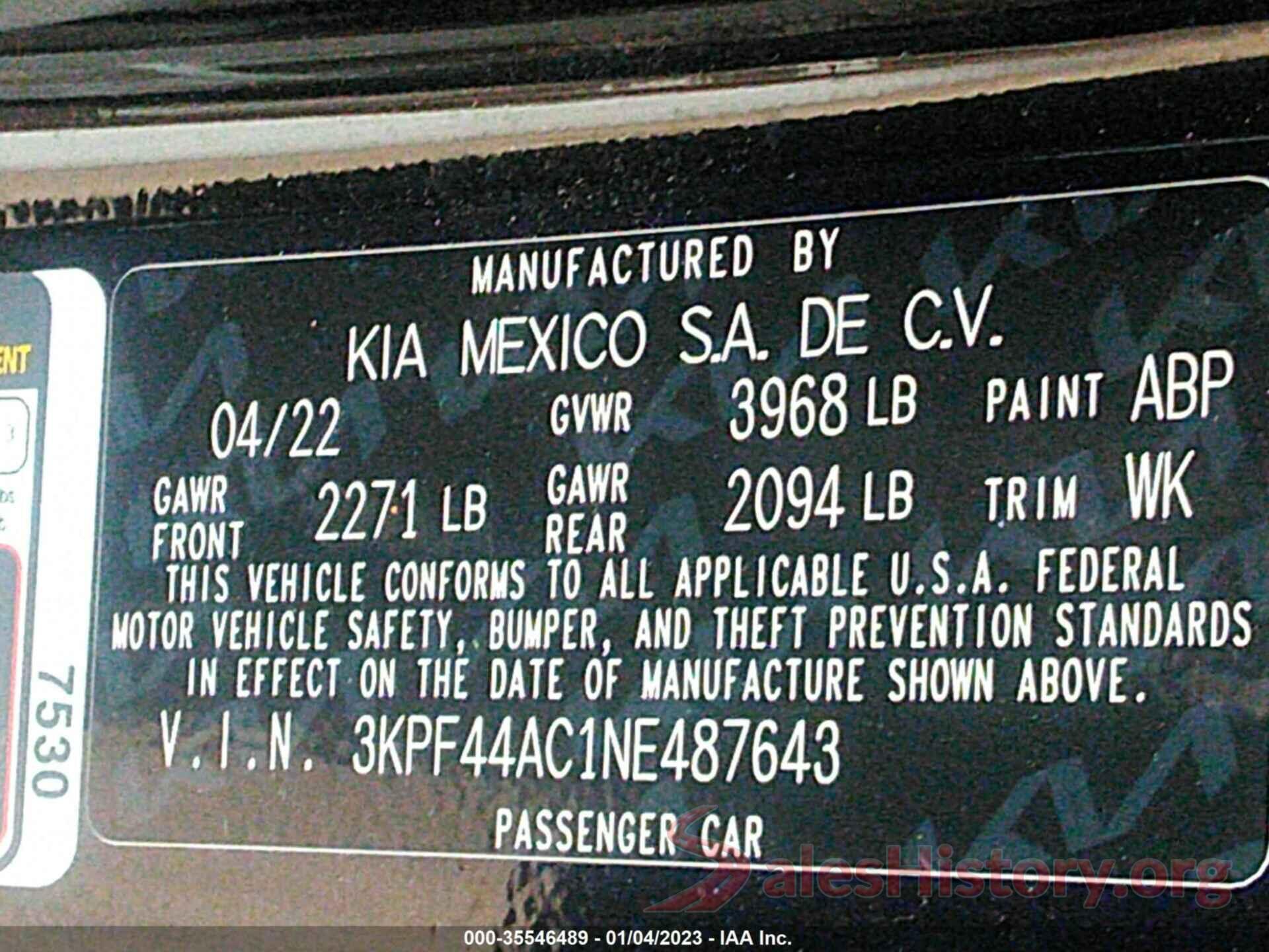 3KPF44AC1NE487643 2022 KIA FORTE