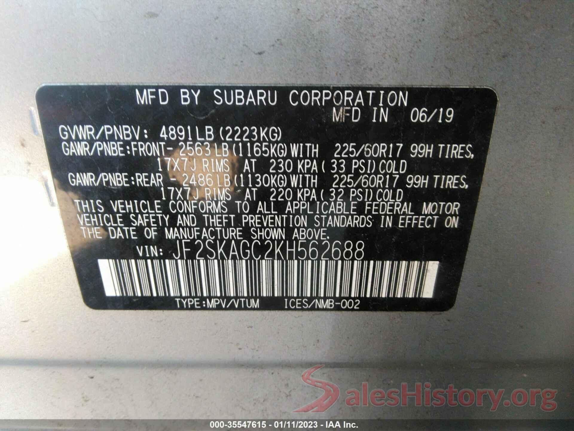 JF2SKAGC2KH562688 2019 SUBARU FORESTER