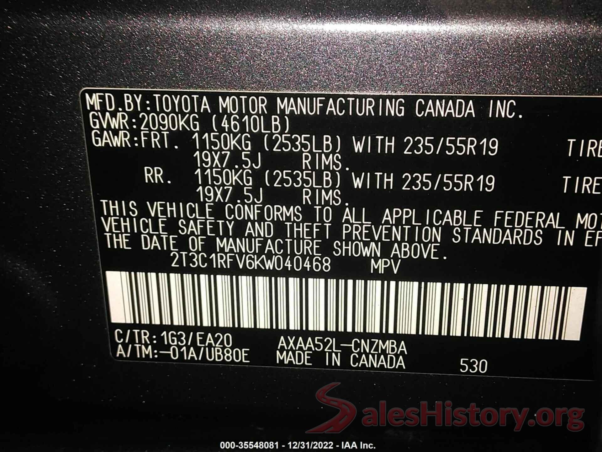 2T3C1RFV6KW040468 2019 TOYOTA RAV4