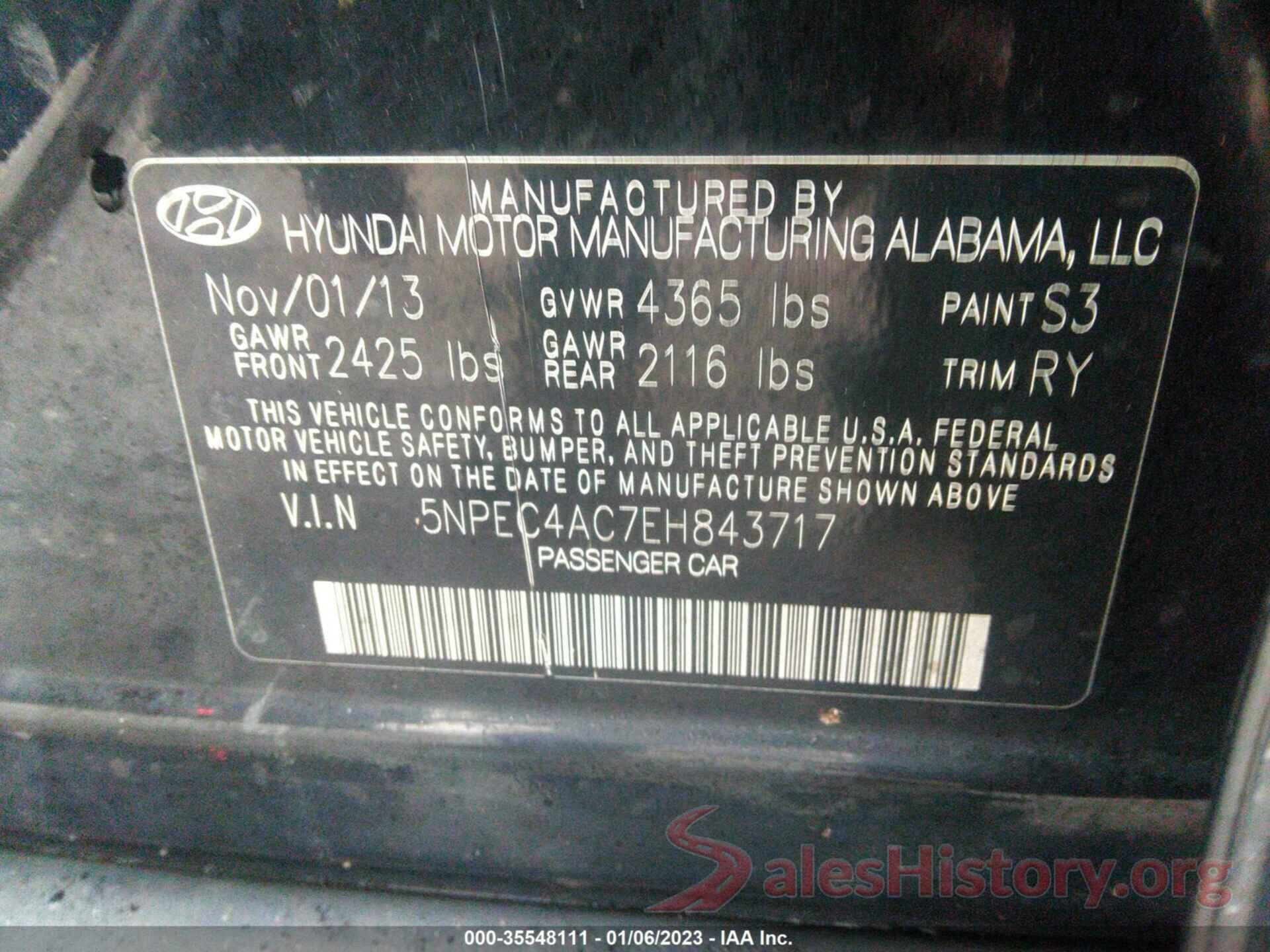 5NPEC4AC7EH843717 2014 HYUNDAI SONATA