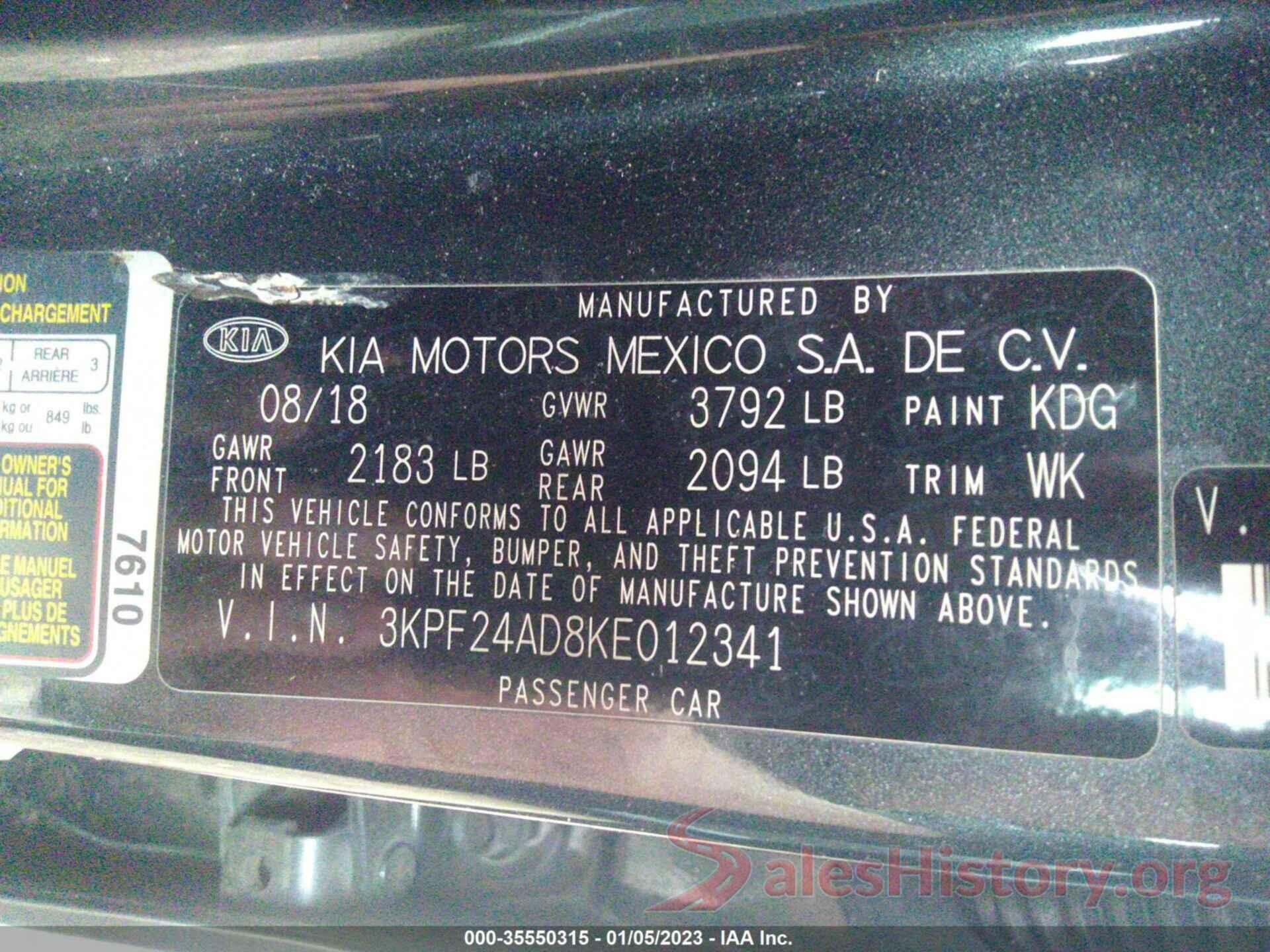 3KPF24AD8KE012341 2019 KIA FORTE