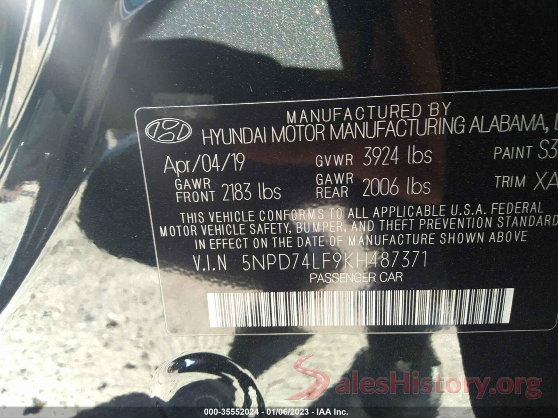 5NPD74LF9KH487371 2019 HYUNDAI ELANTRA