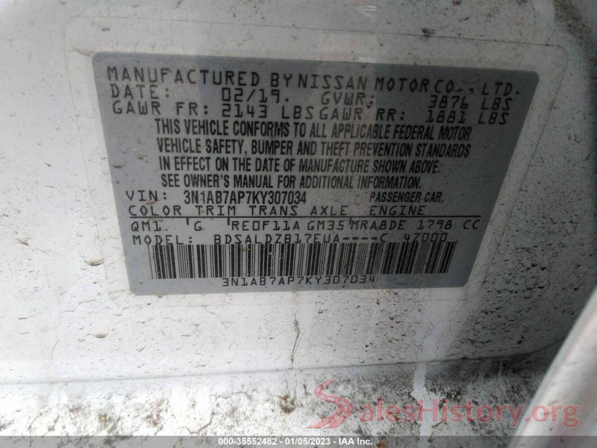 3N1AB7AP7KY307034 2019 NISSAN SENTRA