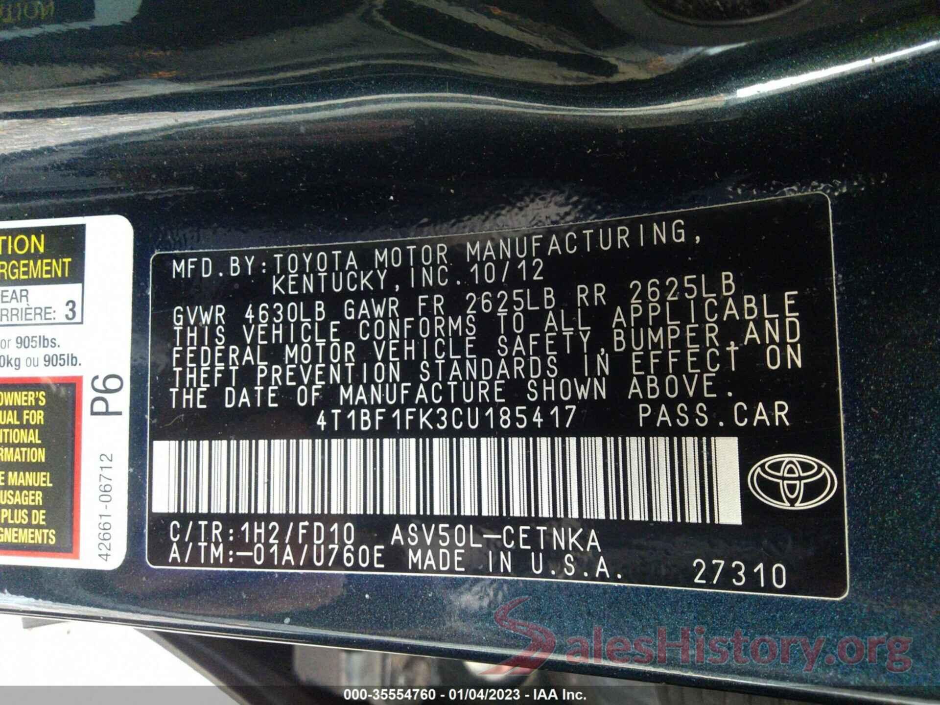 4T1BF1FK3CU185417 2012 TOYOTA CAMRY