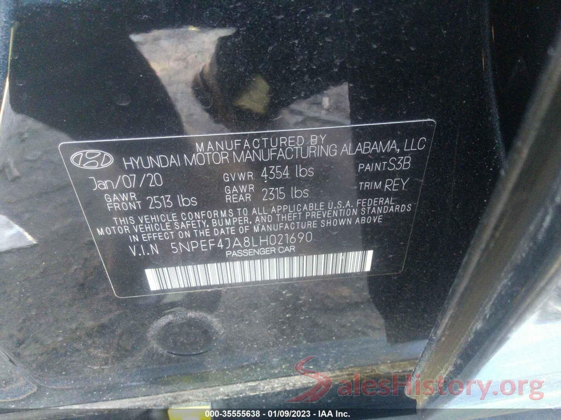 5NPEF4JA8LH021690 2020 HYUNDAI SONATA