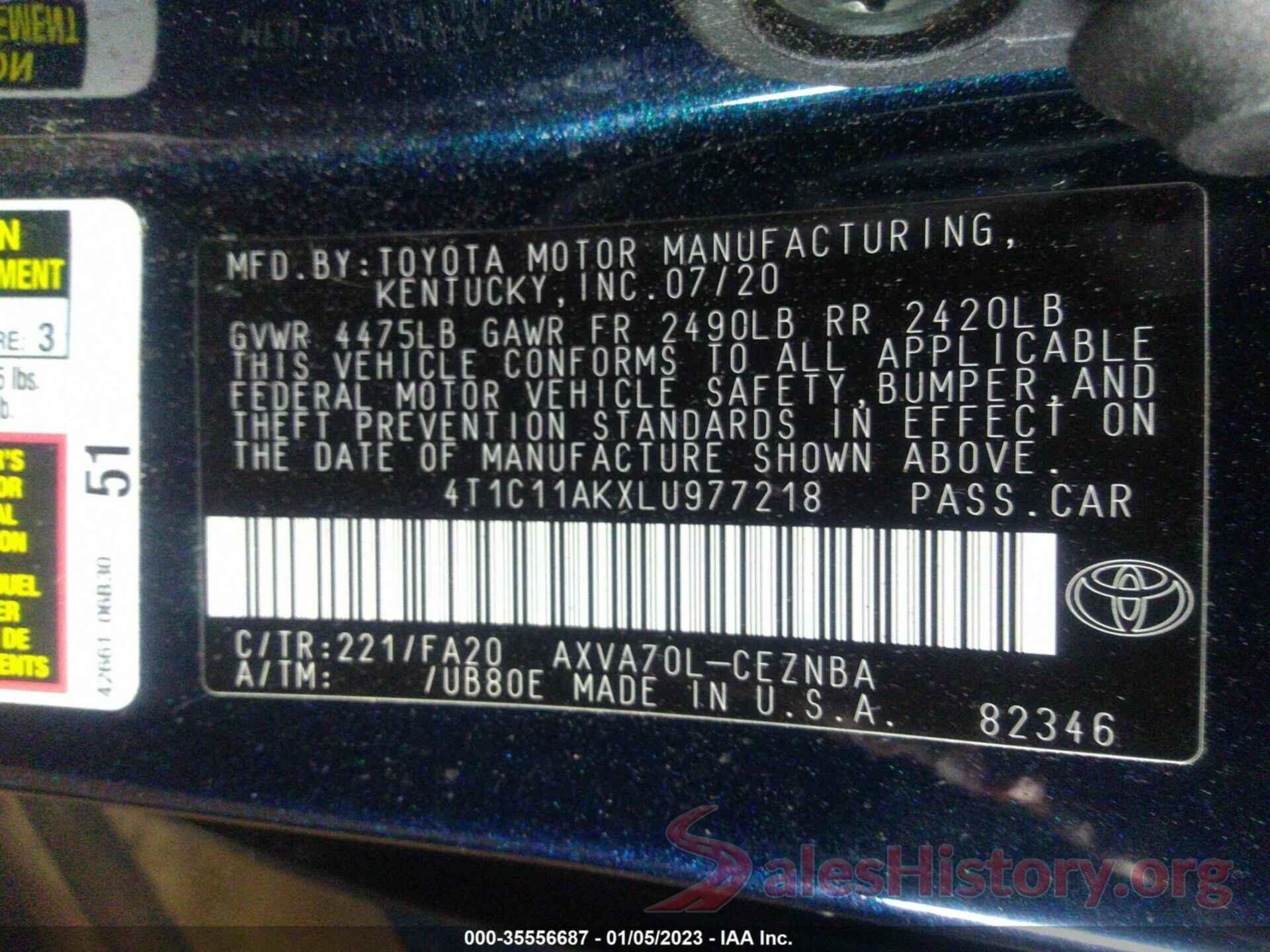 4T1C11AKXLU977218 2020 TOYOTA CAMRY