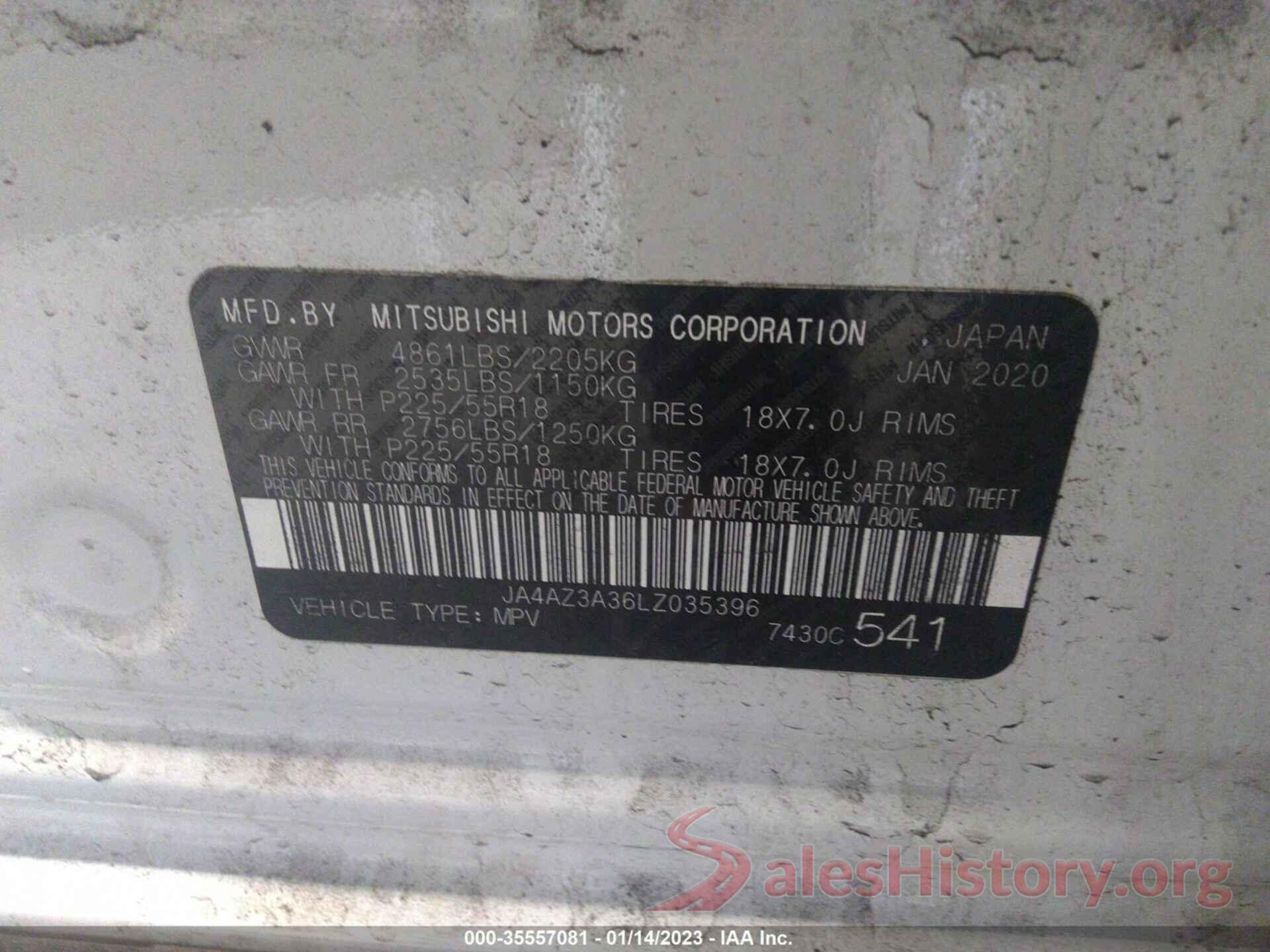 JA4AZ3A36LZ035396 2020 MITSUBISHI OUTLANDER