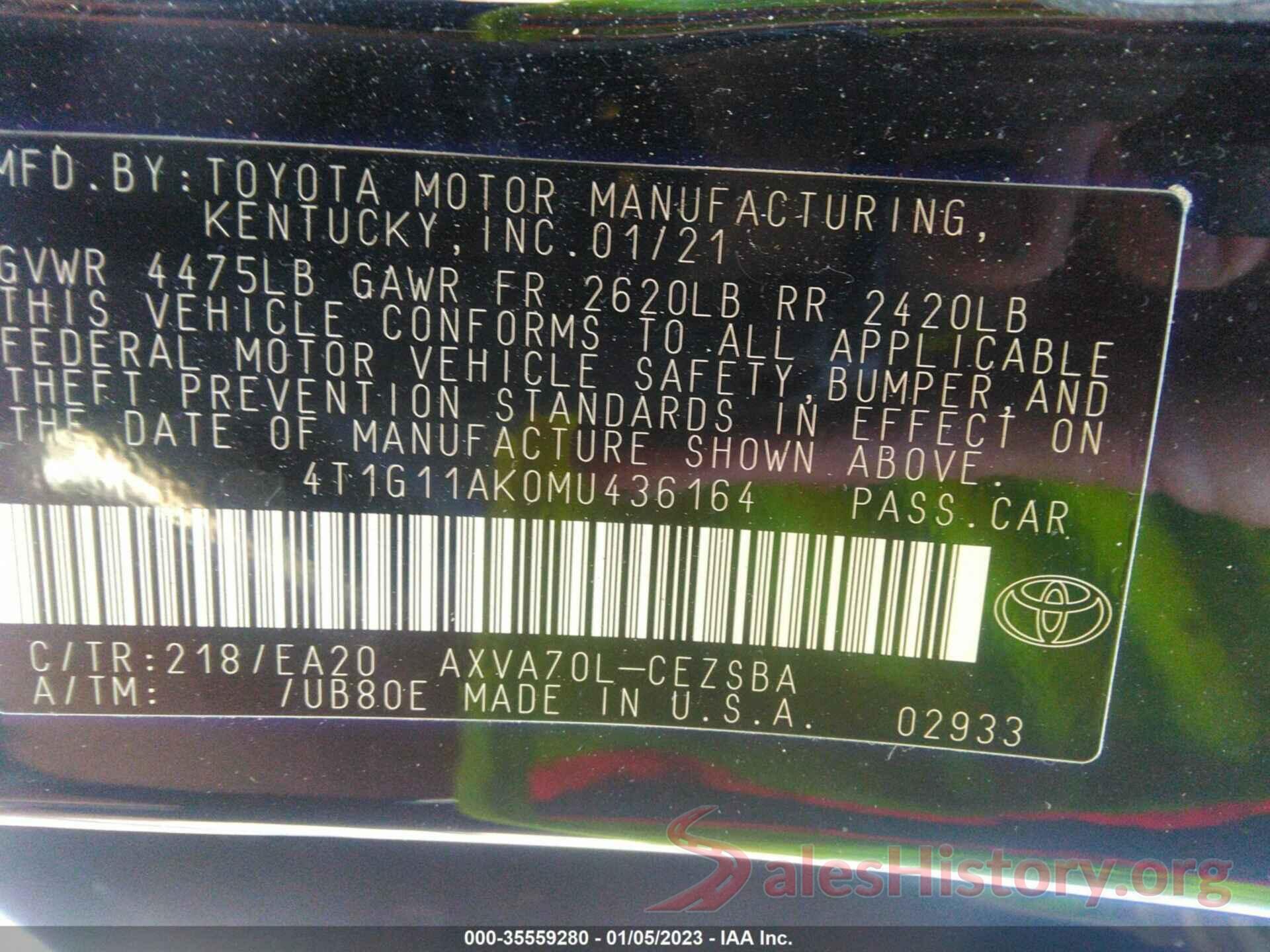 4T1G11AK0MU436164 2021 TOYOTA CAMRY